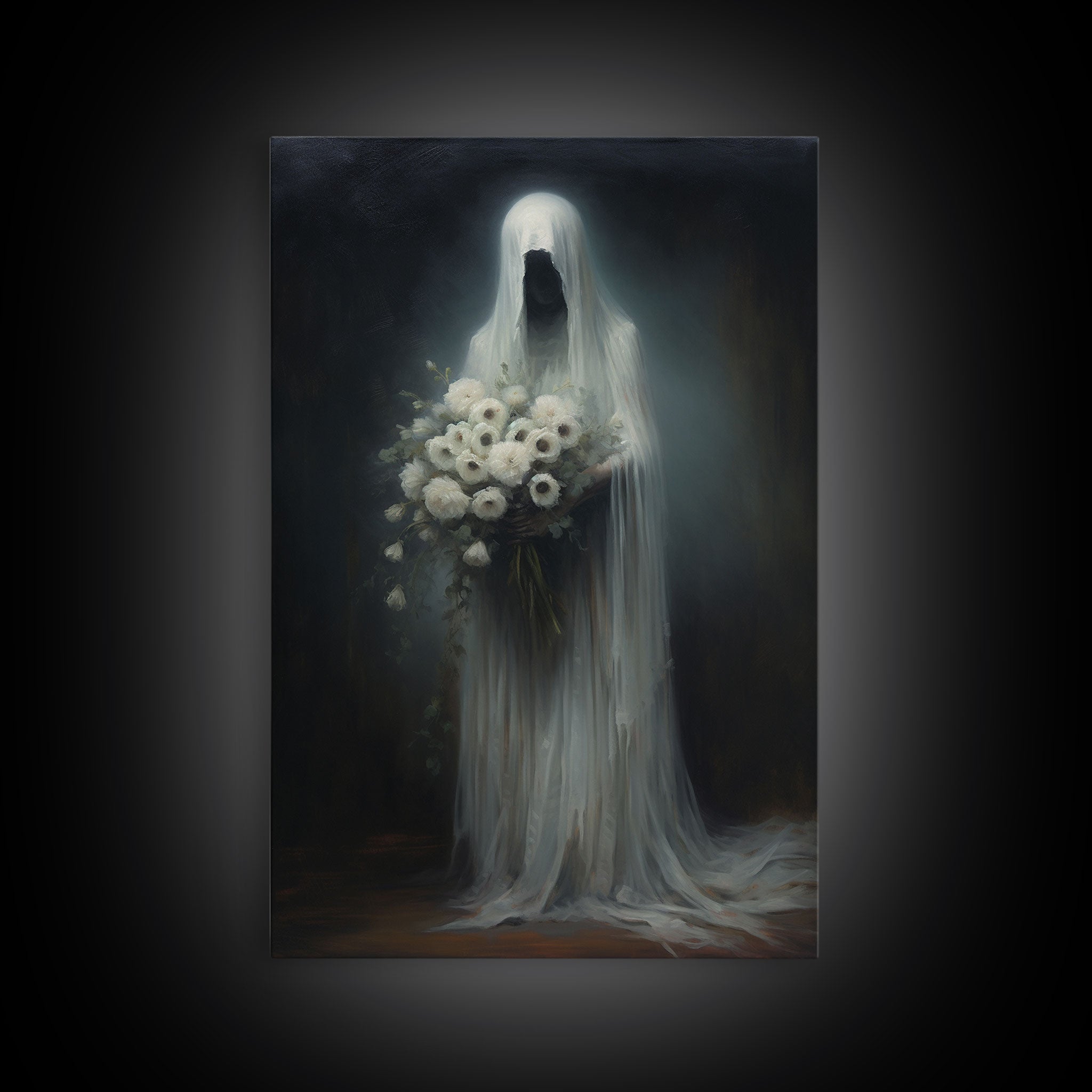 The Ghost With The Flowers, Halloween Canvas Print, Framed Canvas, Unique Wall Art, Goth Art, Dark Academia, Witch Art, Witchcraft | | Wiccan Center