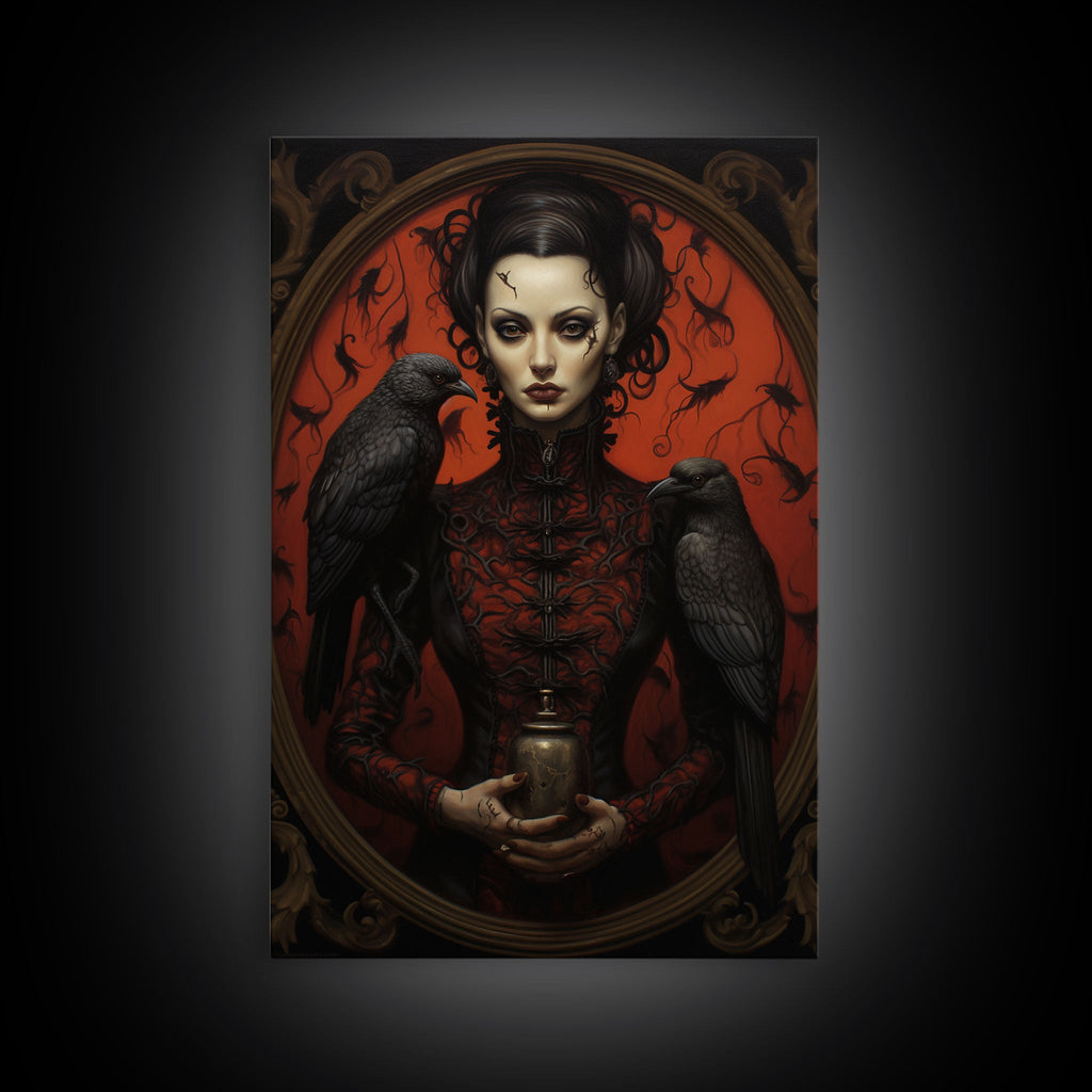 The Witch and Her Crows, Framed Canvas, Oil Painting Print, Halloween Decor, Gothic Art, Dark Academia, Witchcraft Halloween Art, Raven Art | | Wiccan Center
