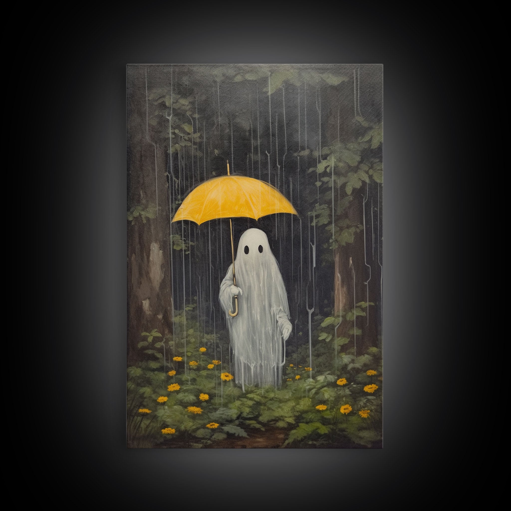 Spooky Ghost In The Rain, Vintage Halloween Art, Framed Canvas, Funny Halloween Decor, Ghost Print, Goth Art, Umbrella Ghost