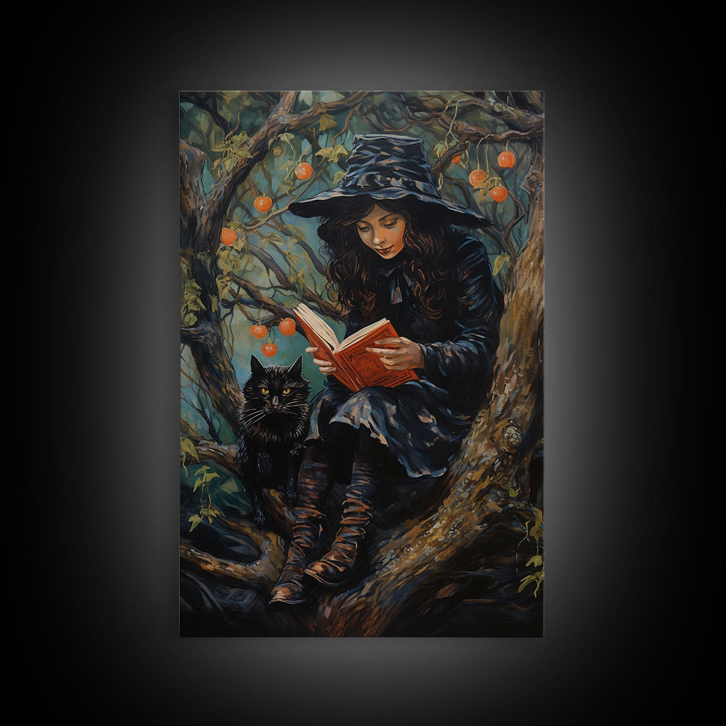 Cute Witch Reading Spells To Her Black Cat Familiar, Vintage Halloween Art, Framed Canvas Print, Halloween Canvas Art, Witchcraft | | Wiccan Center