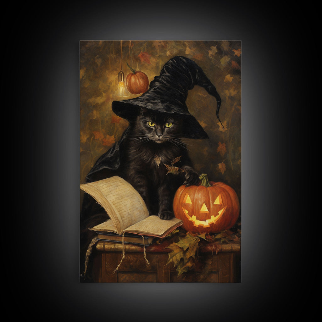 Cute Witch Cat Reading Her Book Of Spells, Vintage Halloween Art, Framed Canvas Print, Halloween Canvas Art, Witchcraft | | Wiccan Center