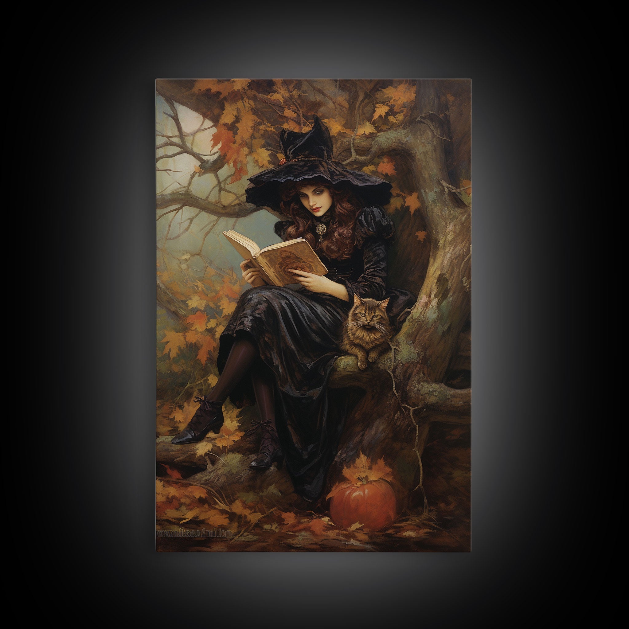 Pretty Witch Reading Spells To Her Black Cat Familiar, Vintage Halloween Art, Framed Canvas Print, Halloween Canvas Art, Witchcraft | | Wiccan Center