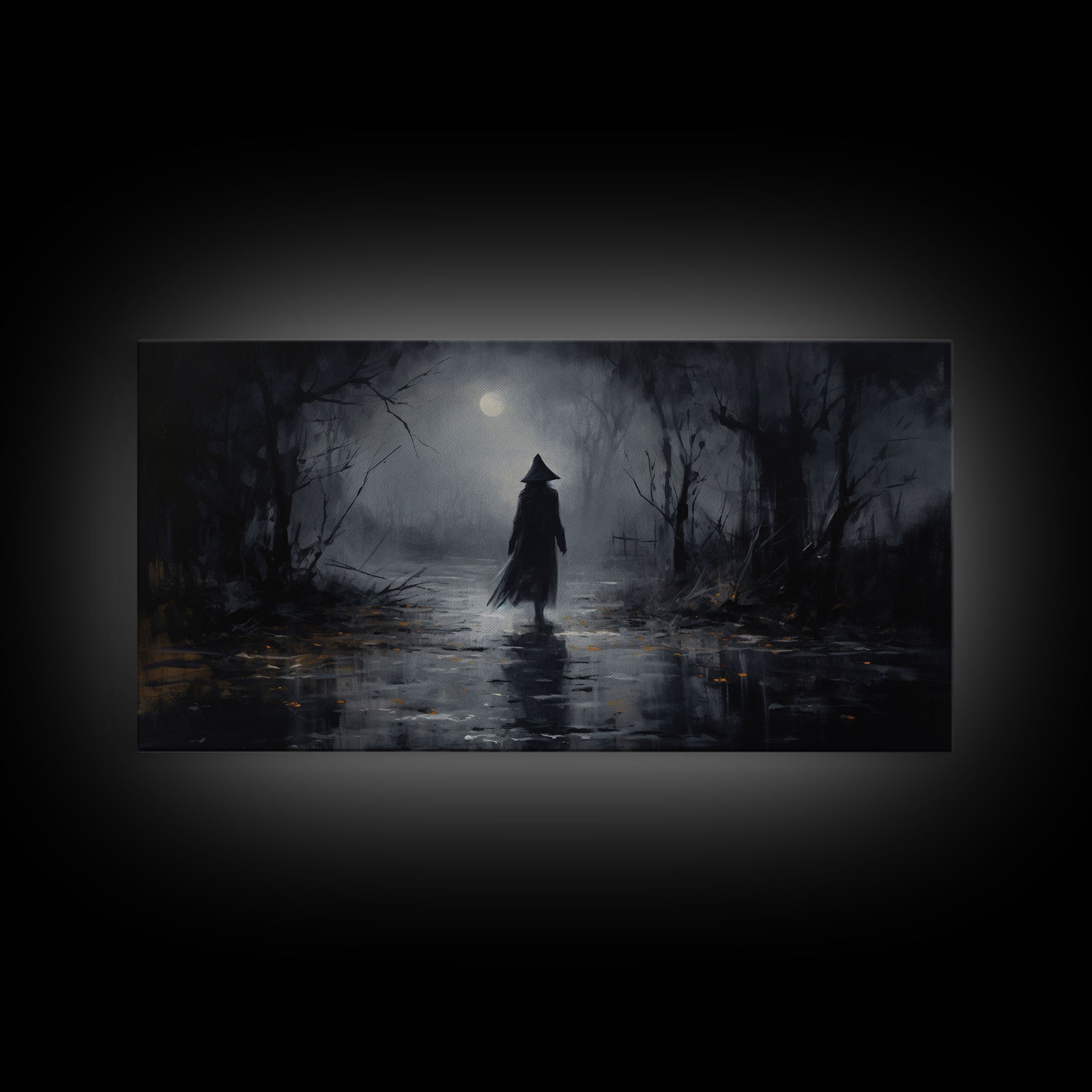 Witch Walking In The Rain Under A Full Moon, Witch Print, Framed Canvas or Poster, Victorian Oil Painting, Dark Academia, Witchcraft Decor | | Wiccan Center