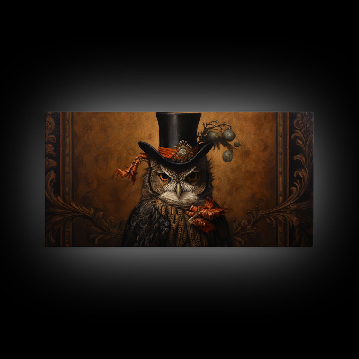 Gothic Victorian Owl Portrait, Framed Canvas Print, Halloween Wall Art, Unique Wall Decor, Owl Painting