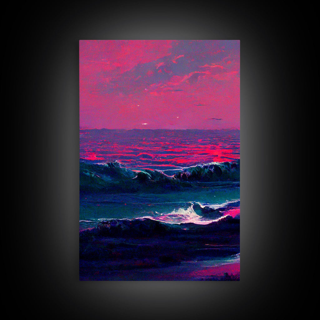Outrun Style Synthwave Sunset Ocean Waves, 3 Piece Wall Art, Ready To Hang Canvas Print, Cool Unique Lakehouse Wall Art Decor | | Wiccan Center