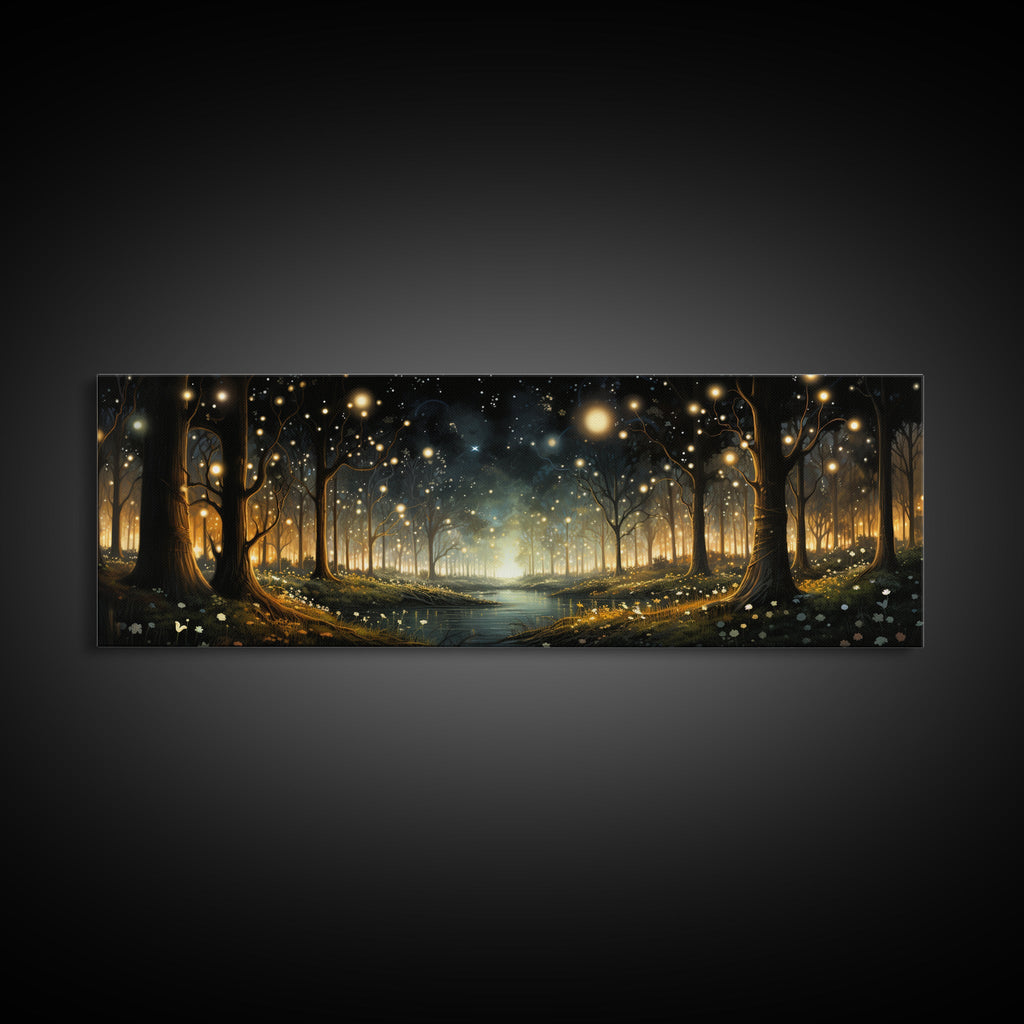 Fantasy Forest Fireflies - Framed Canvas Print - Gorgeous Fantasy Art with Glowing Lightning Bugs - Framed Wall Art for a Magical Touch | | Wiccan Center