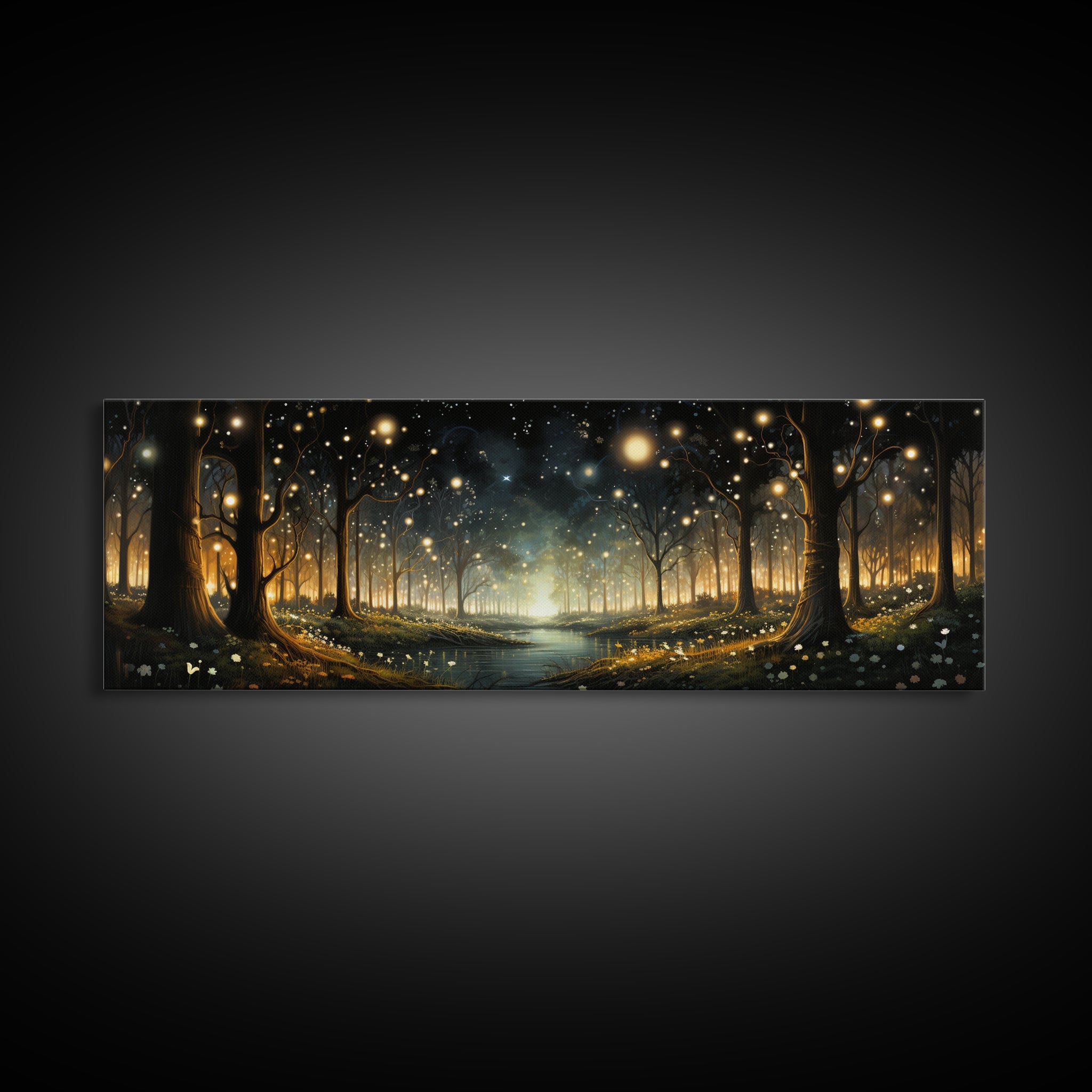 Fantasy Forest Fireflies - Framed Canvas Print - Gorgeous Fantasy Art with Glowing Lightning Bugs - Framed Wall Art for a Magical Touch | | Wiccan Center