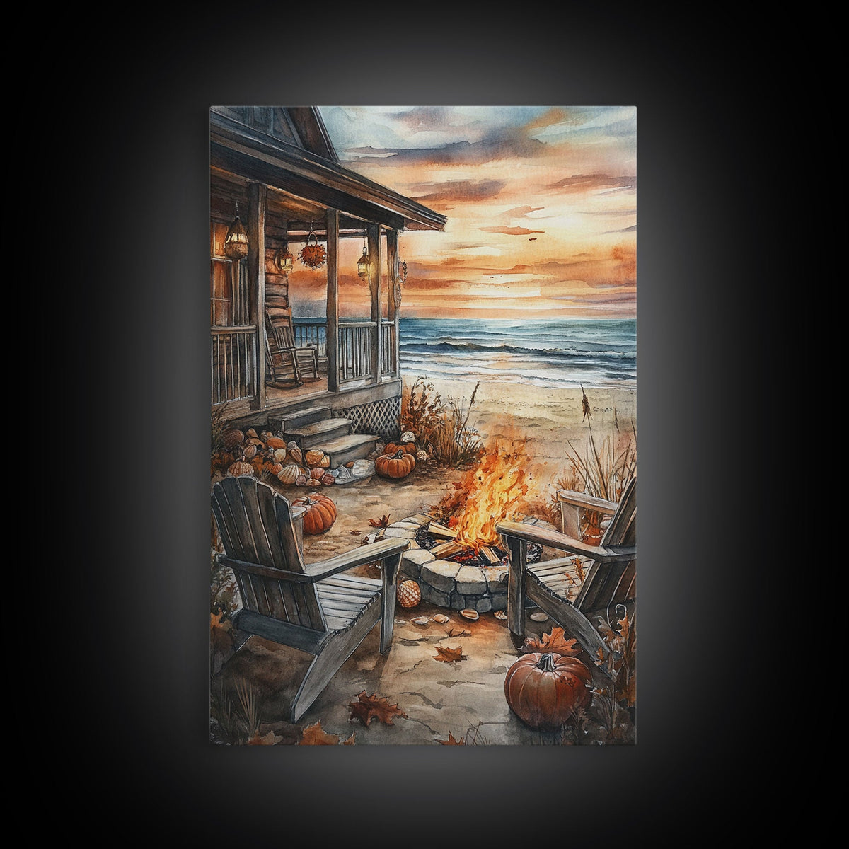 Beach Campfire On The Fall, Framed Canvas Print, Boho Beach Art Nautical Decor, Modern Christmas / Thanksgiving Gift Wall Art | | Wiccan Center