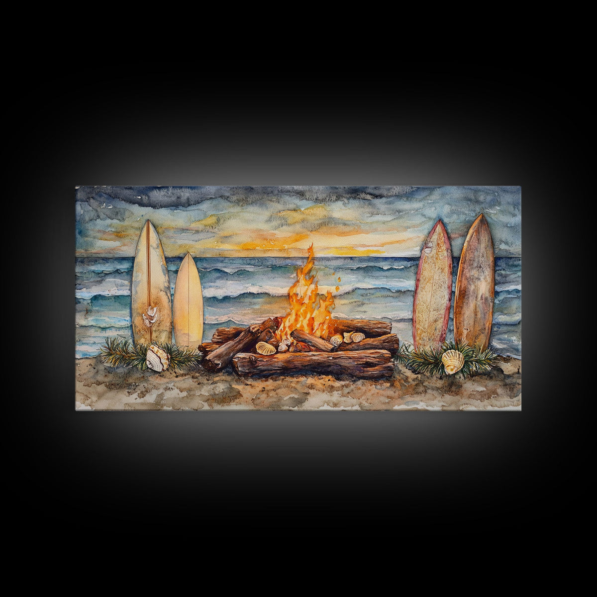 Surfboards And Bonfire On The Beach At Sunset, Tropical Coastal Wall Art, Beach Christmas Decor, Framed Canvas Print | | Wiccan Center
