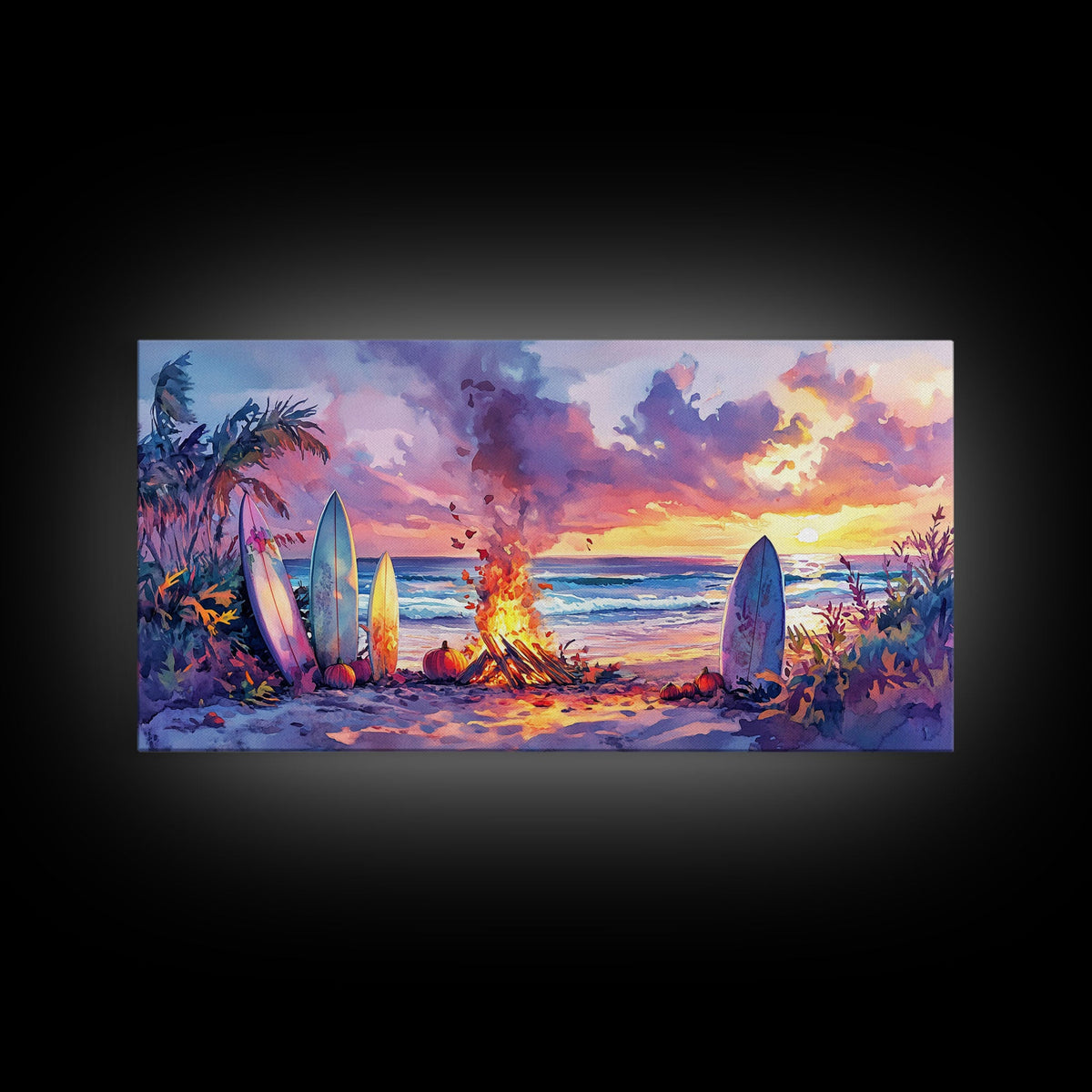 Surfboards And Bonfire At Sunset With Pumpkins, Tropical Beach Christmas Wall Art, Coastal Holiday Framed Canvas Print | | Wiccan Center