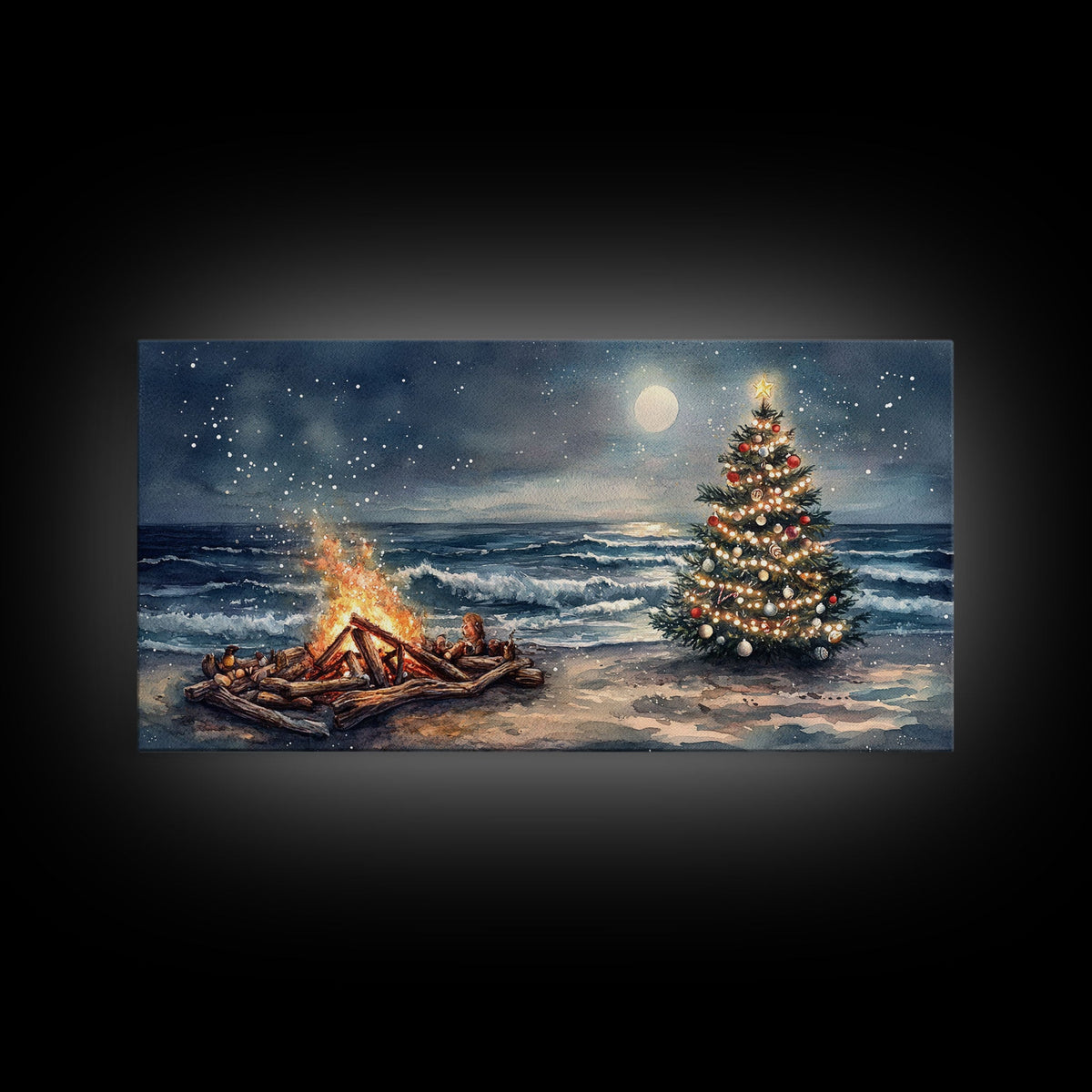 Cozy Bonfire On Beach With Christmas Tree Framed Canvas Print, Nighttime Winter Beach Holiday Wall Art And Coastal Decor | | Wiccan Center