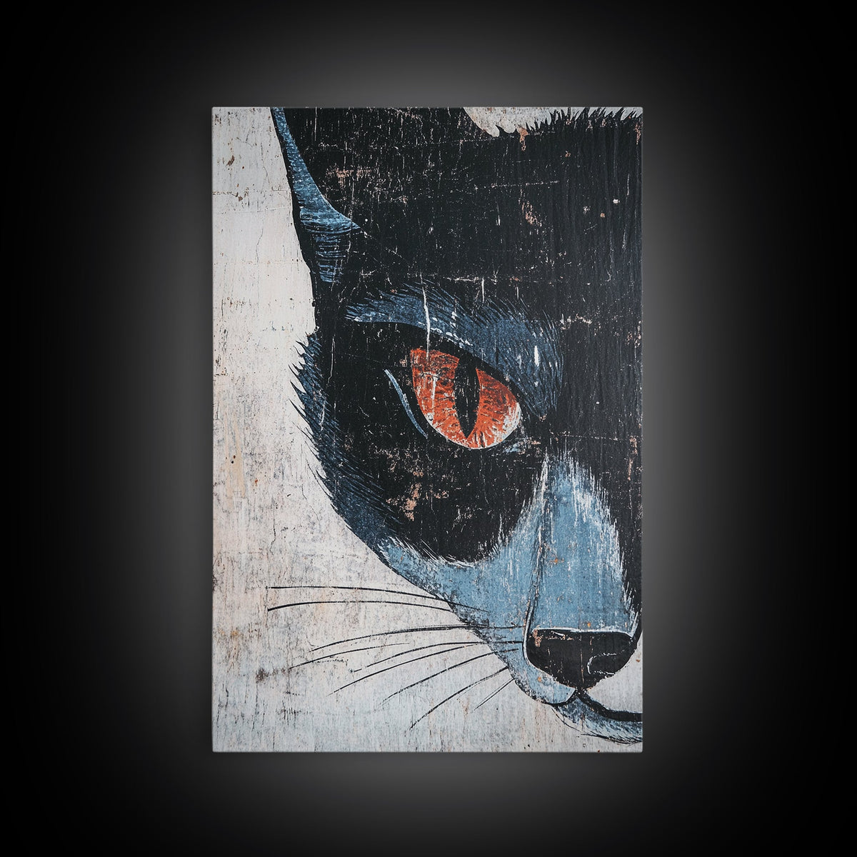 Portrait of a Black Cat, Wabi Sabi Wall Art, Cat Painting, Cat Art, Wabi Sabi Wall Art, Framed Canvas Print, Black Cat Gift