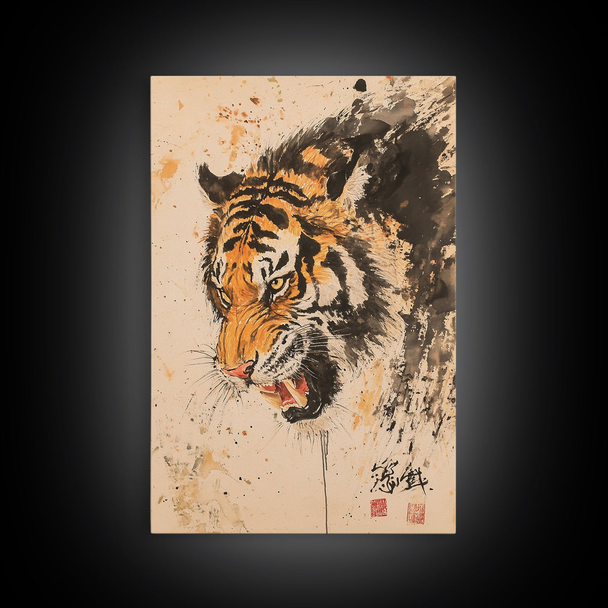 Japanese Style Tiger Painting Print, Tiger Roar, Wabi Sabi Style Art, Animal Prints, Tiger Painting, Tiger Oil Painting Canvas Print