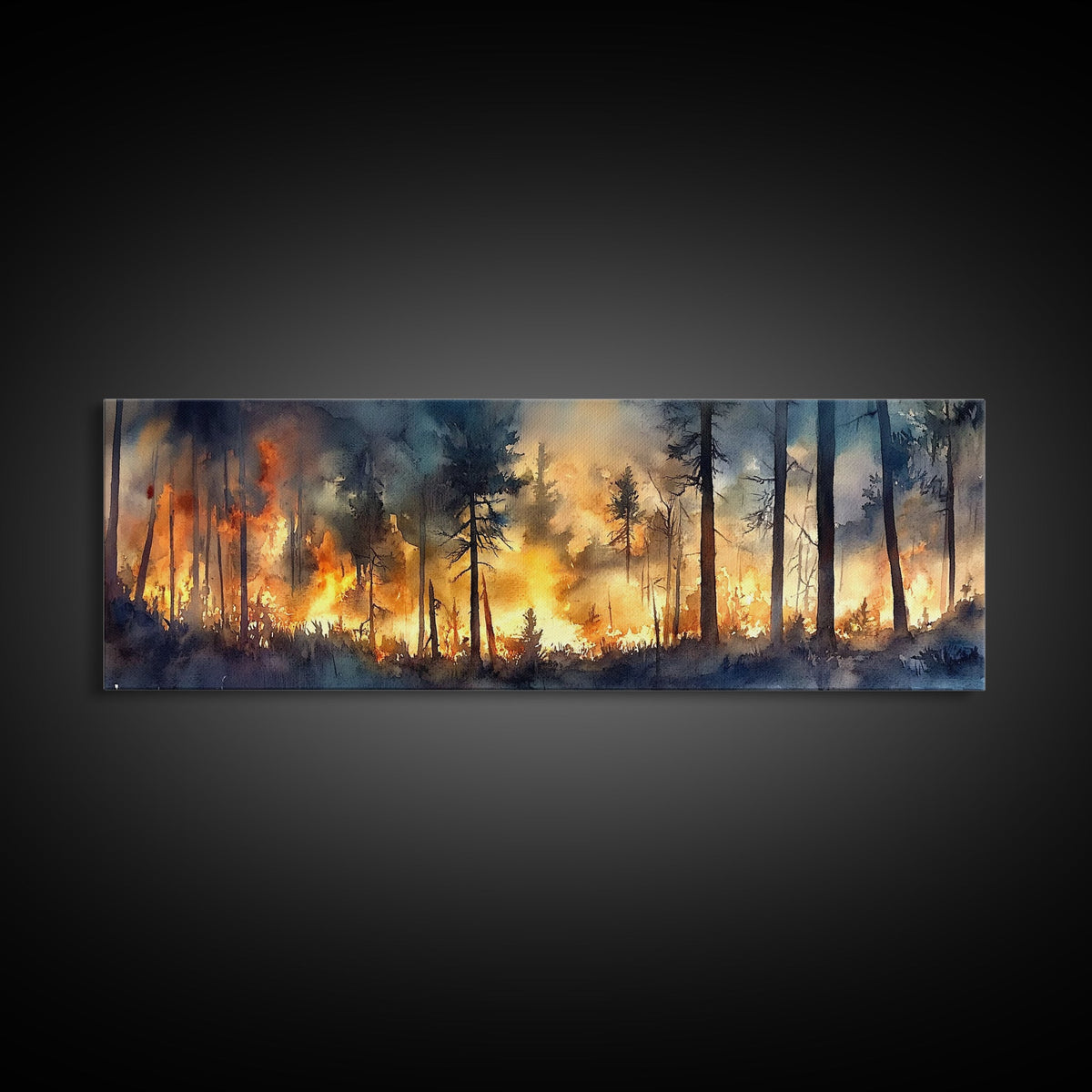 Watercolor Painting Print of a Forest on Fire, Extra Wide Horizontal Art, Forest Fire Painting, California Wall Art | | Wiccan Center