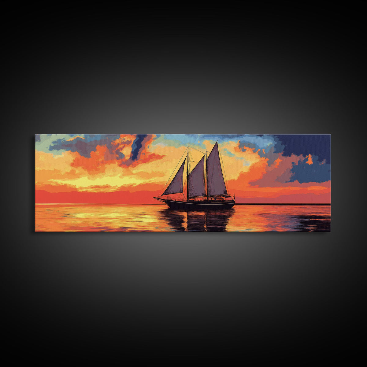 Pirate Ship at Sunset Framed Canvas Print - Panoramic Wall Art - Sailboat Painting - Sail Boat Art - Nautical Decor - Lake House Art | | Wiccan Center