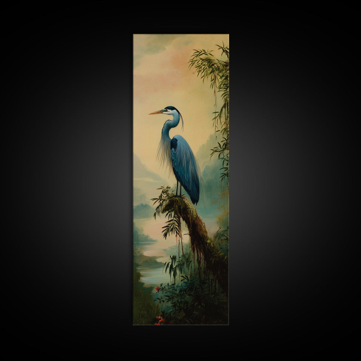 Framed Canvas Print Blue Heron Landscape Bird Art Whimsical Wall Art Coastal Decor Cottagecore Rustic Decor Tall Skinny Art Bird Painting