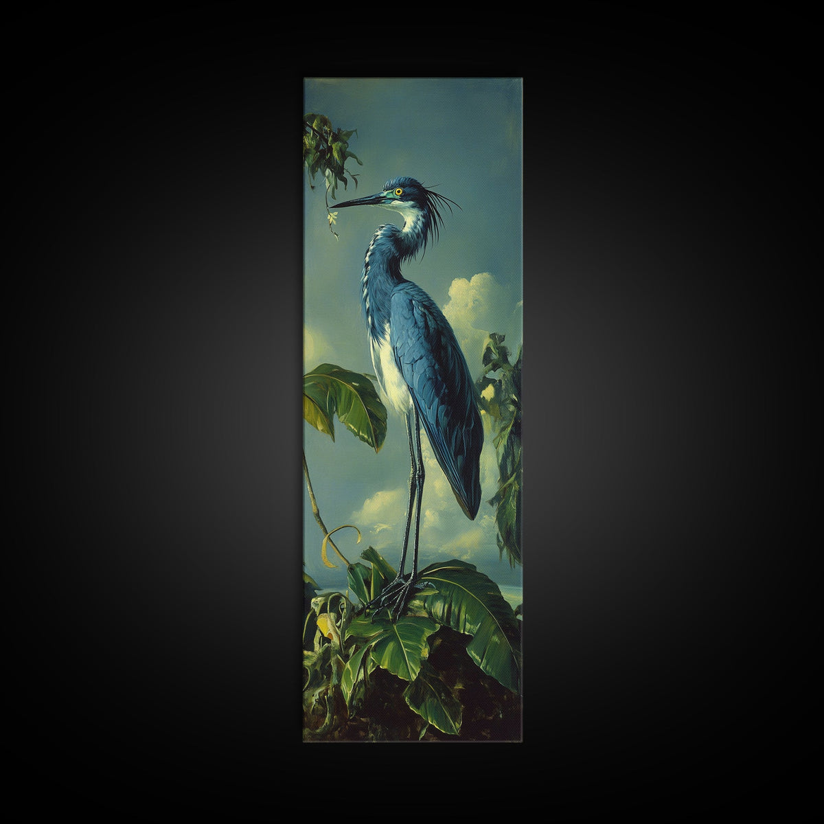 Framed Canvas Print Blue Heron Landscape Bird Art Coastal Decor Tall Narrow Art Whimsical Wall Art Cottagecore Gift Idea Bedroom Art