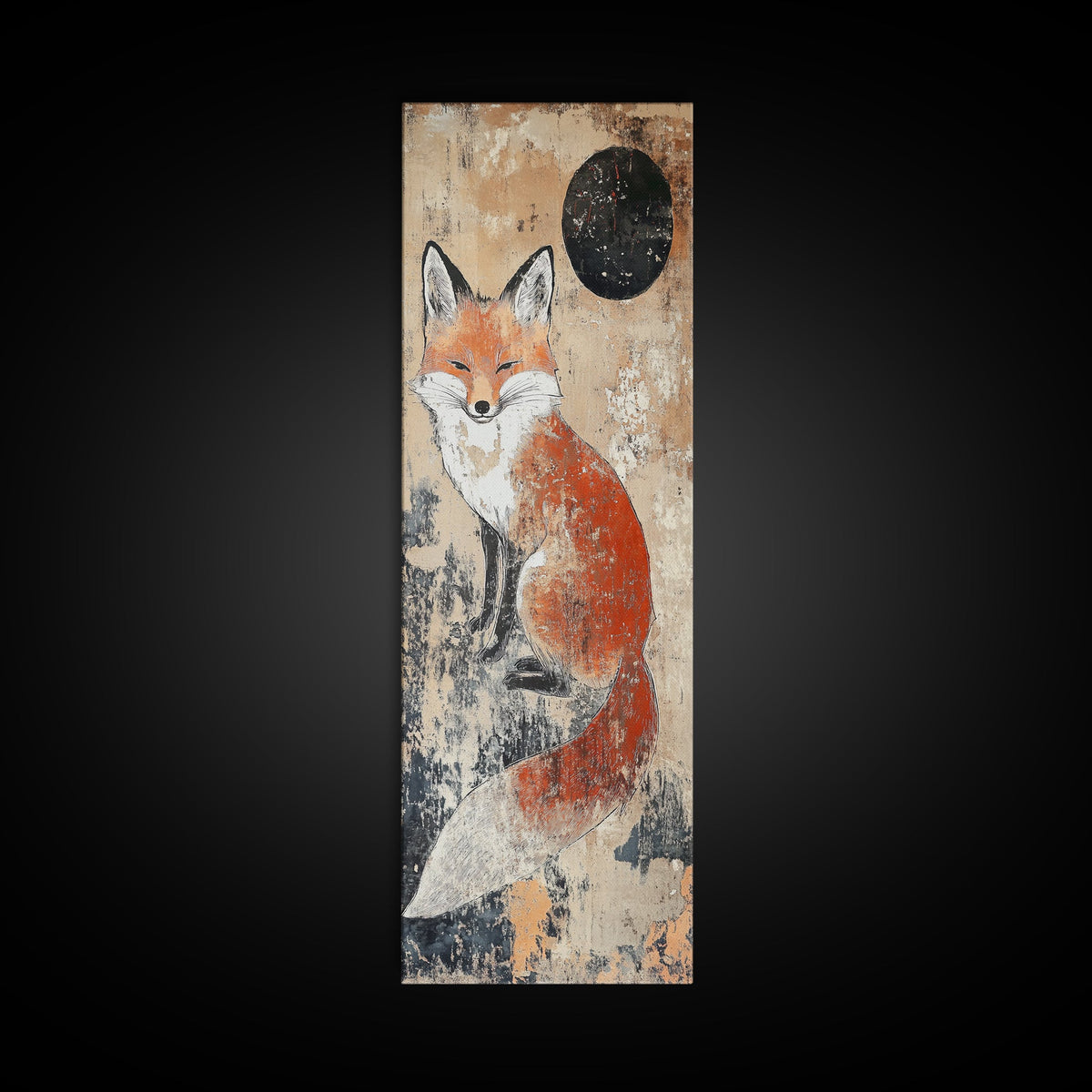 Framed Canvas Print of Fox Under Night Sky, Rustic Decor, Cottagecore Art, Animal Painting, Minimalist Nature Art, Woodland Charm