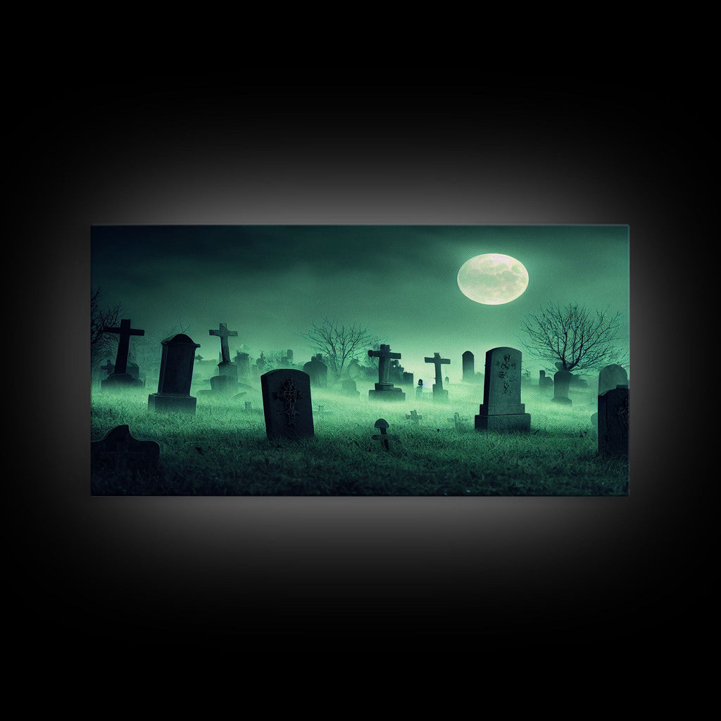 Full Moon Over A Haunted Cemetery At Night, Spooky Creepy Graveyard, ready to hang canvas print wall art, Halloween Art | | Wiccan Center