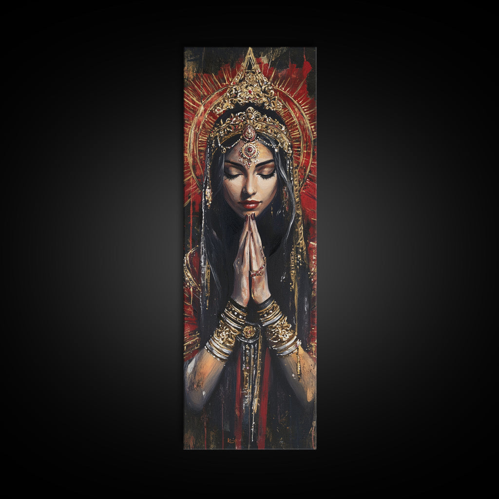 Goddess Prayer Painting Framed Canvas Print, Kerala Mural Art with Rich Red and Gold, Dark Angels Wall Art for Boho Bedroom Decor | | Wiccan Center