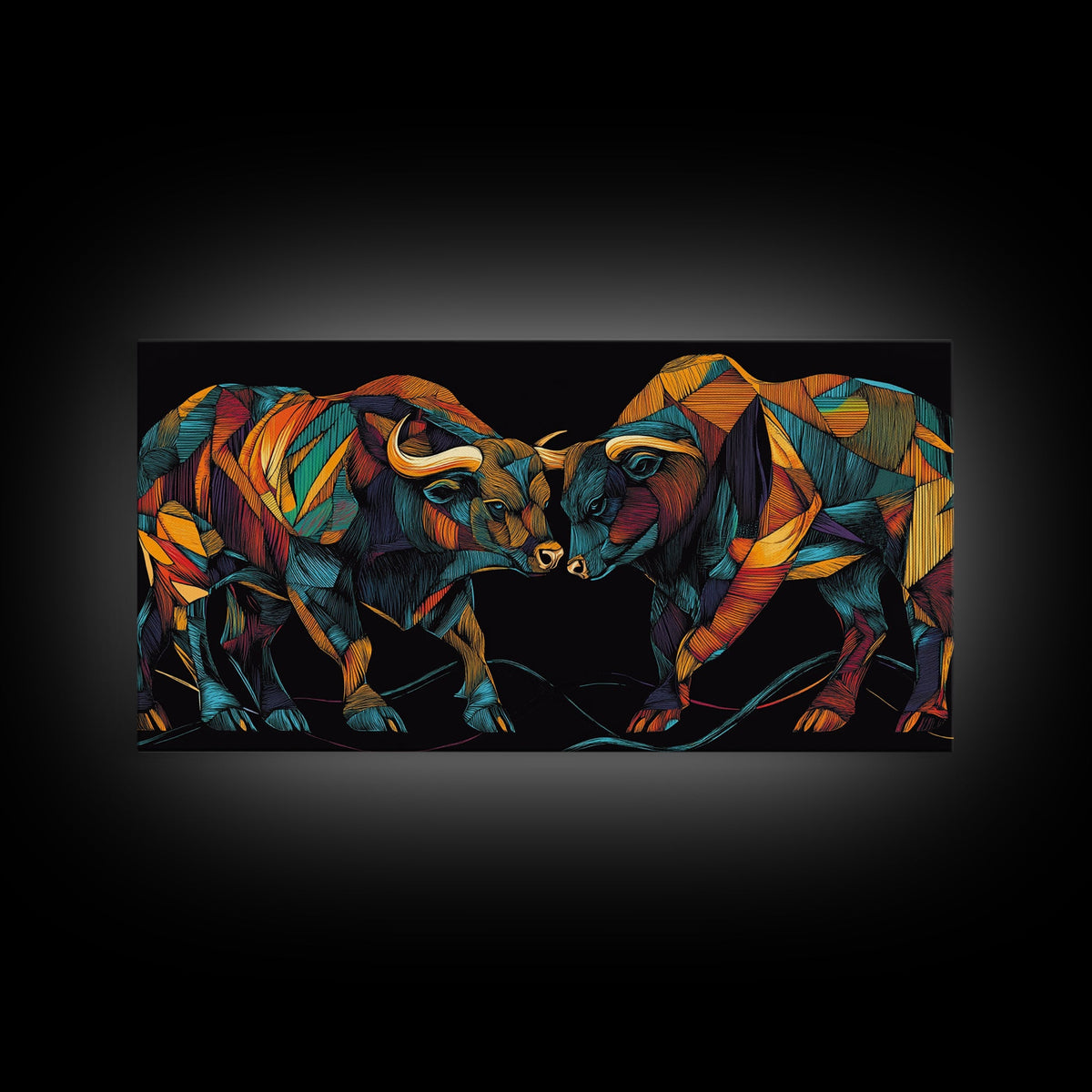 Vibrant Mosaic Bulls Canvas Print Colorful Geometric Wall Art Rustic Decor Living Room Art Tall Narrow Art Bull and Bear Art