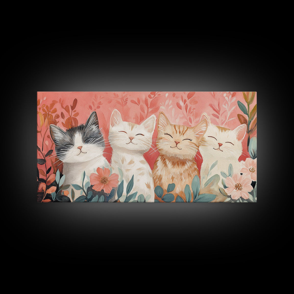 Cats and Flowers Painting Framed Canvas Print, Whimsical Pink Wall Art, Rustic Original Artwork, Cottagecore Decor Gift Idea