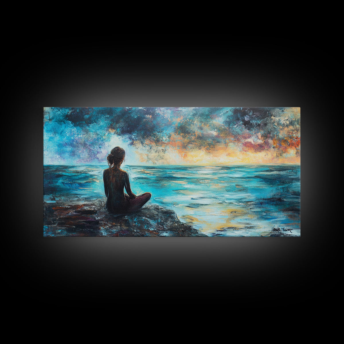 Woman Meditating Coastal Sunset Framed Canvas Print Yoga Art Nautical Wall Art Bedroom Decor Perfect Gift Idea Coastal Cowgirl Artwork | | Wiccan Center