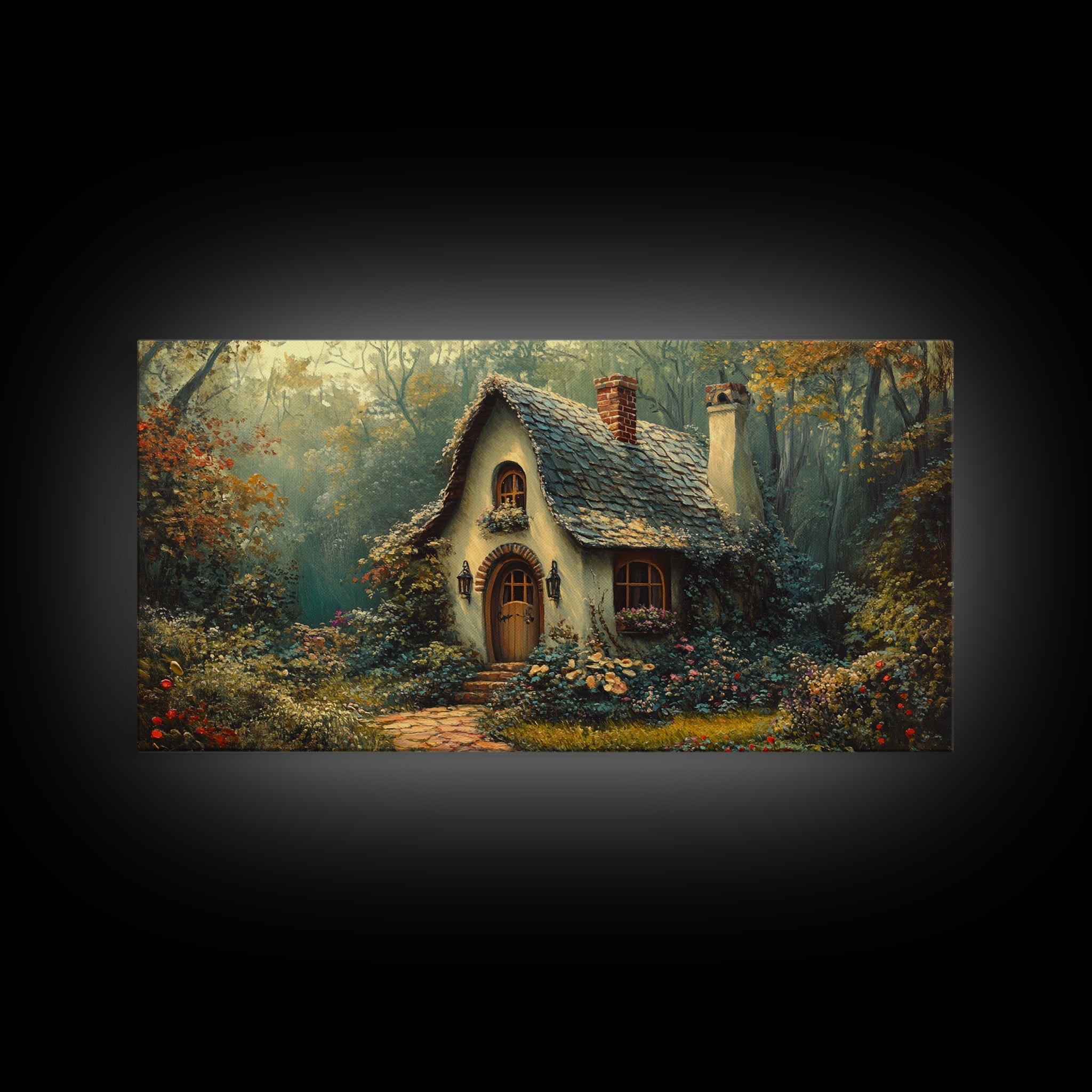 Enchanted Forest Cottage Framed Canvas Print Fairytale Cottagecore Rustic Wall Art Whimsical Landscape Painting Above Sofa Art Gift Idea