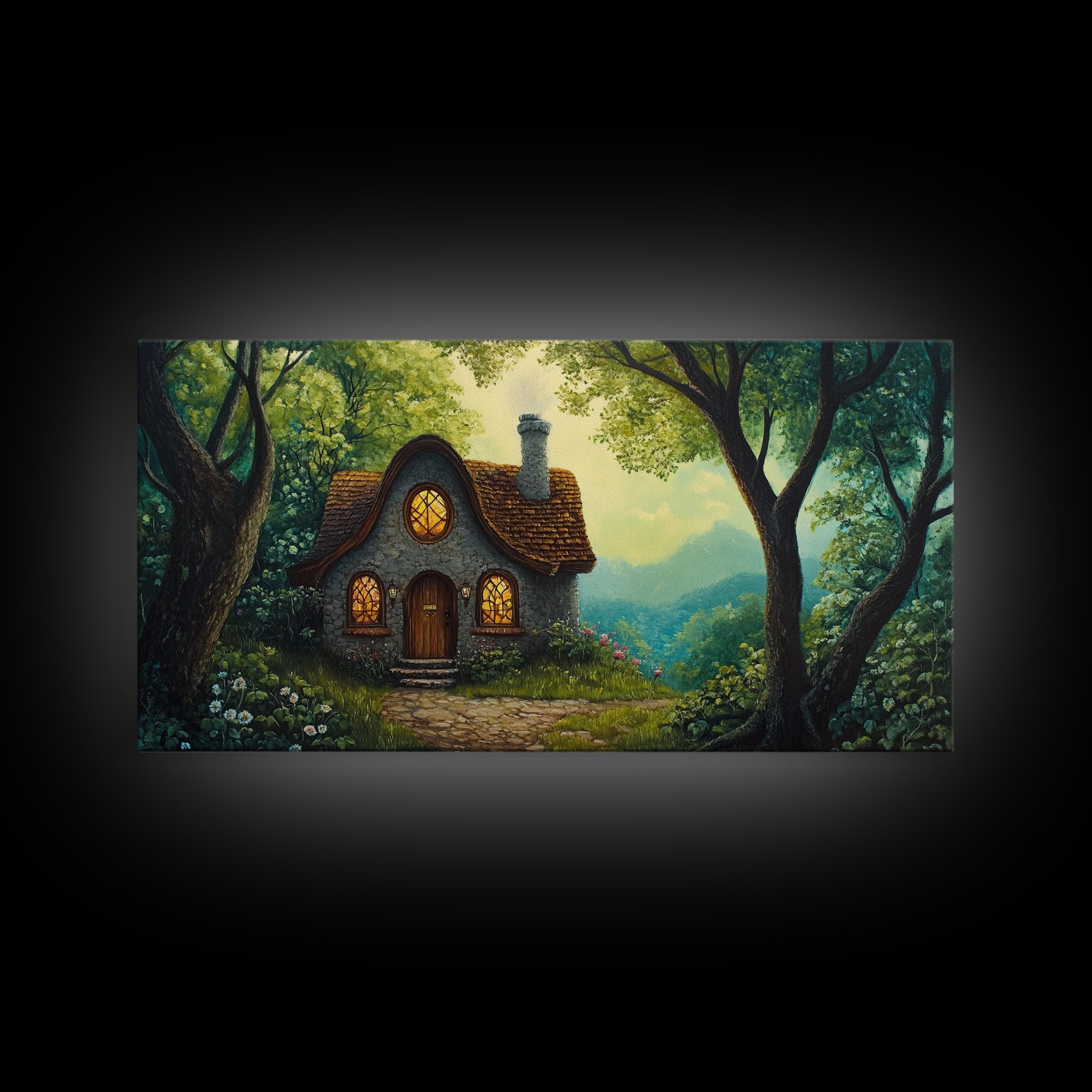 Cozy Forest Cottage Canvas Print Cottagecore Landscape Art Rustic Home Decor Whimsical Above Bed Art Fairy Tale Wall Art Gift Idea