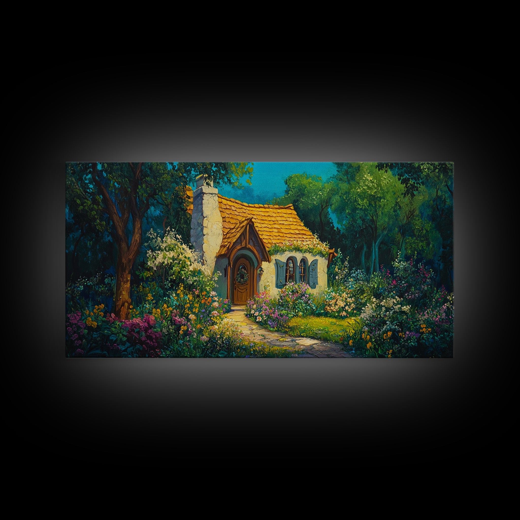 Garden Cottage Scene Framed Canvas Print Whimsical Cottagecore Art Rustic Wall Decor Fairytale Landscape Painting Guest Room Art