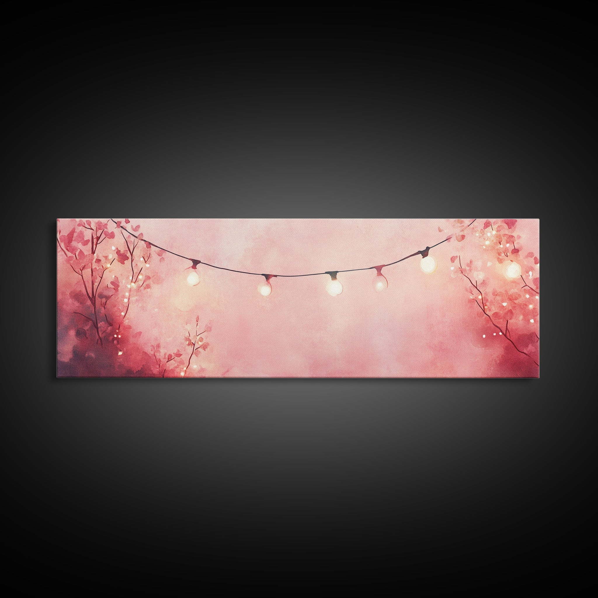 Pink Wall Art Framed Canvas Print with Fairy Lights in Blush Backdrop, Cottagecore Aesthetic, Horizontal Rustic Decor for Living Room