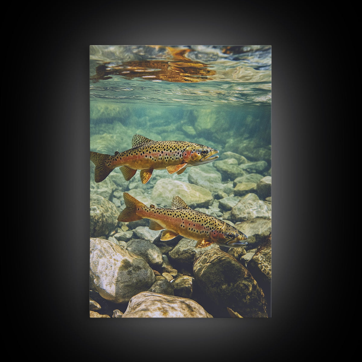 Vibrant Pair of Trout Framed Canvas Print Fly Fishing Art Rustic Wall Art Cottagecore Living Room Above Couch Cabin Decor