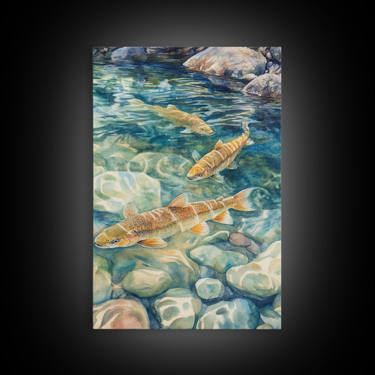Gentle Swimming Trout Framed Canvas Print Fly Fishing Art Rustic Living Room Wall Art Cabin Decor Gift Idea Cottagecore