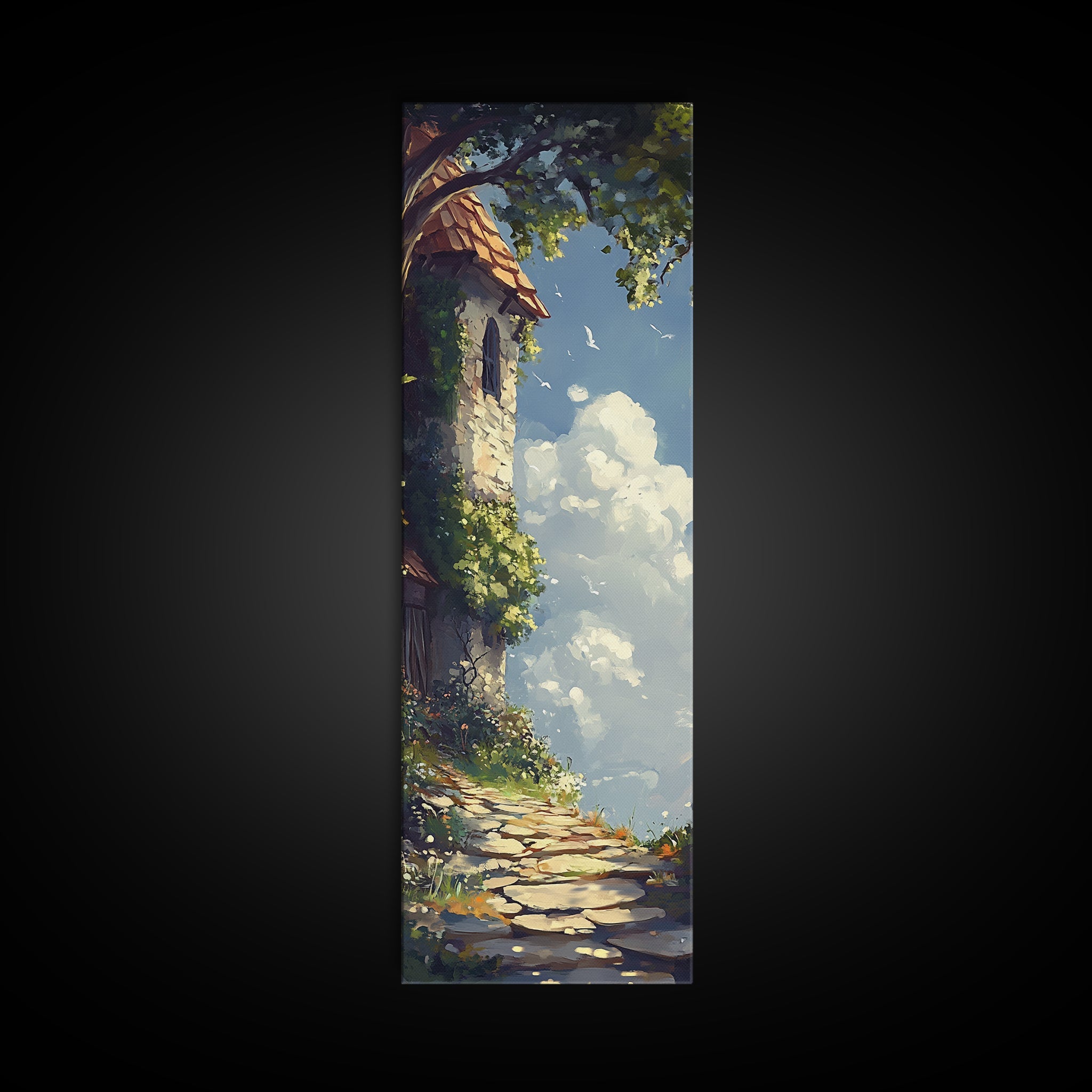 Cottage Tower, whimsical art, fairy tale painting, cottagecore wall art, rustic decor, framed canvas print, vertical wall art