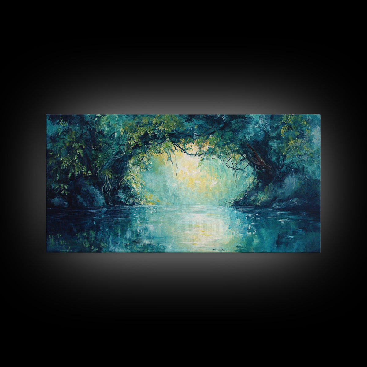 Mystical River, Framed Canvas Print, landscape painting, moody art, forest at dusk painting, teal wall art, extra wide art | | Wiccan Center