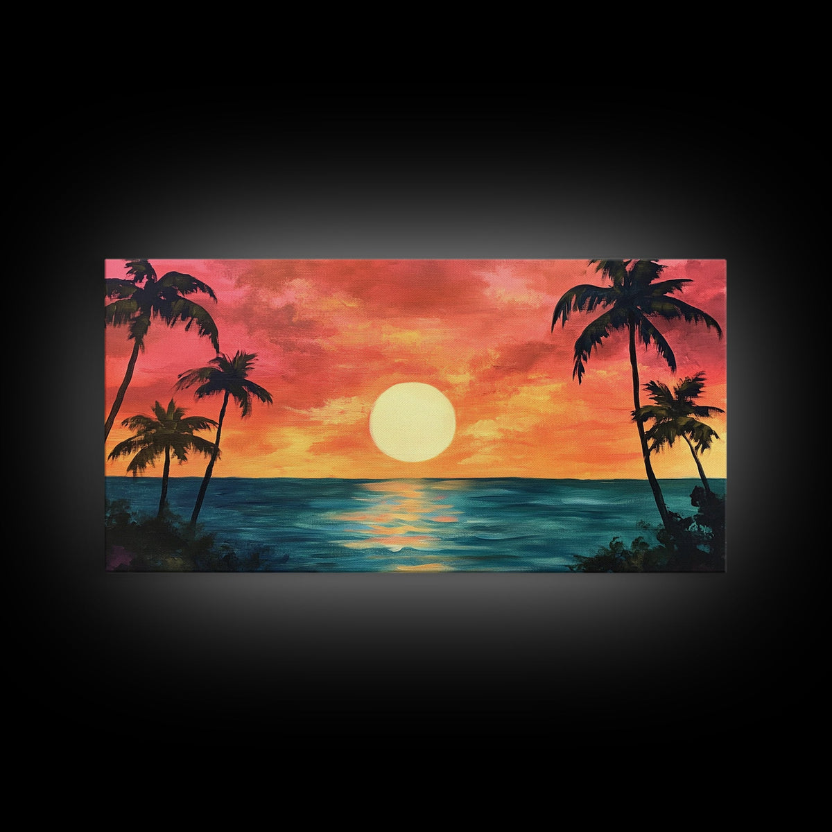 Tropical Sunset, Palm Tree Art, Coastal Cowgirl Wall Art, Hawaii Art, Ocean Landscape, Horizontal Wall Art, Framed Canvas Print | | Wiccan Center