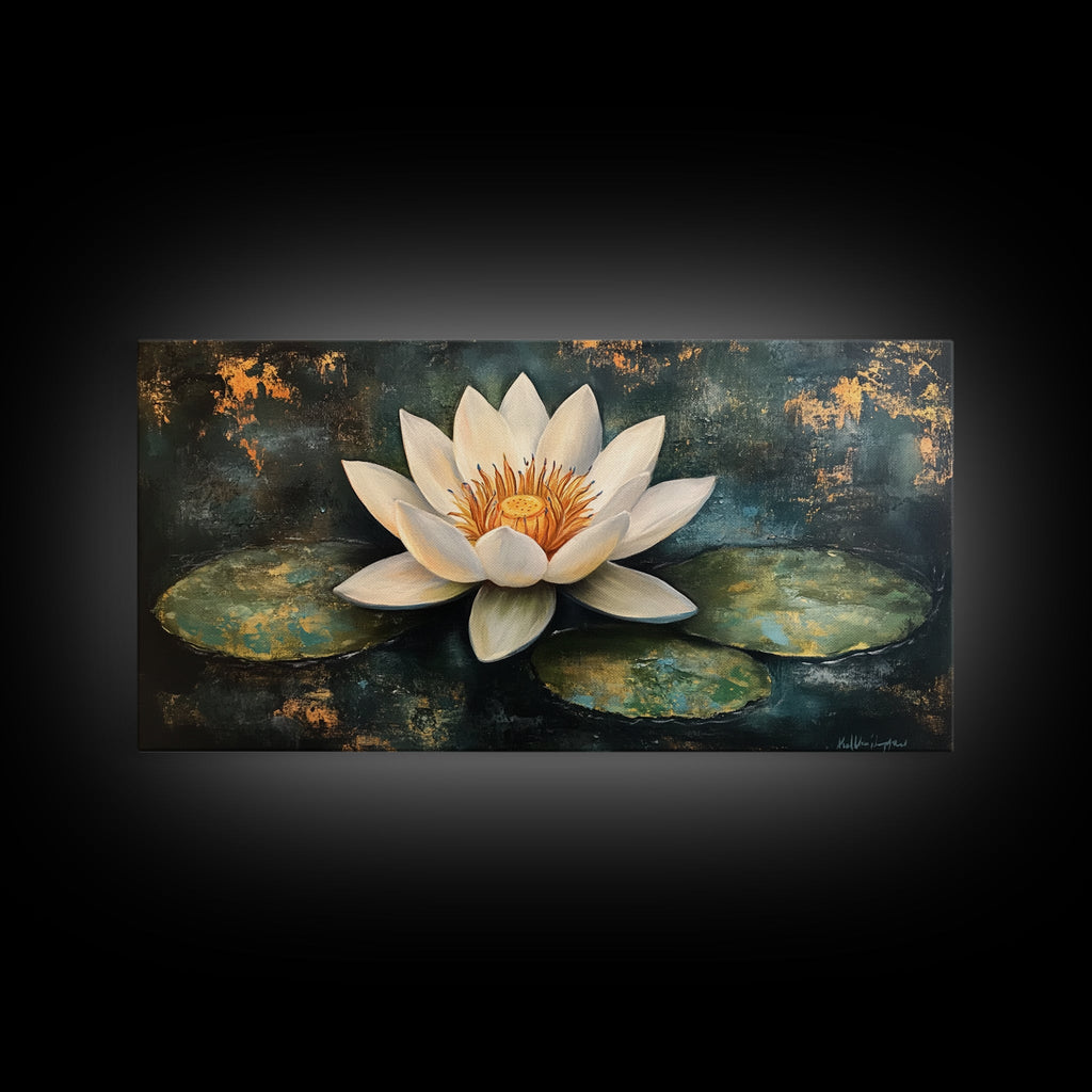 White Lotus, Framed Canvas Print, botanical prints, zen wall art, meditative decor, extra wide painting, spiritual art | | Wiccan Center