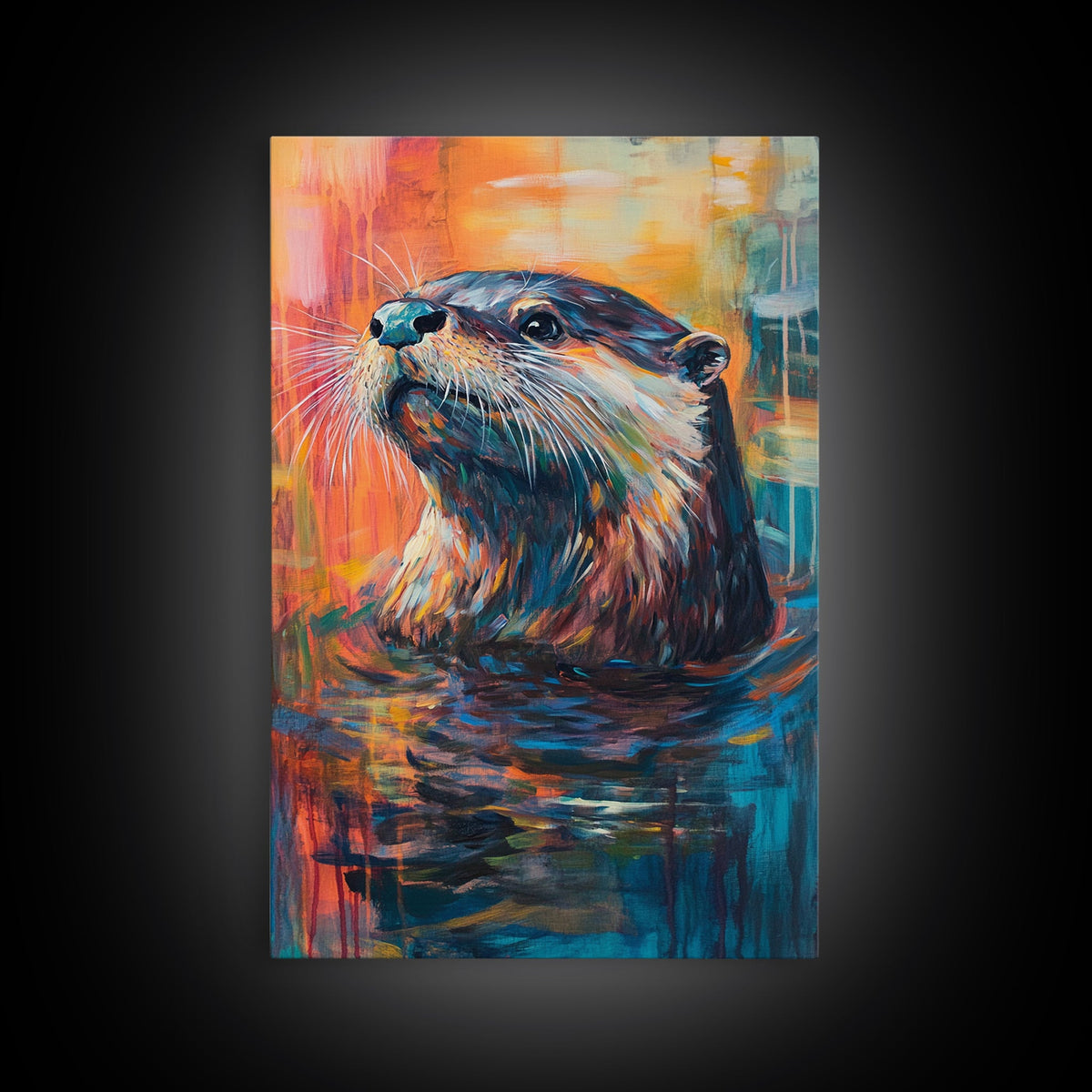 Otter Portrait, wildlife painting, whimsical art, blue and green wall art, Canvas Print, original painting, rustic wall art, gift idea