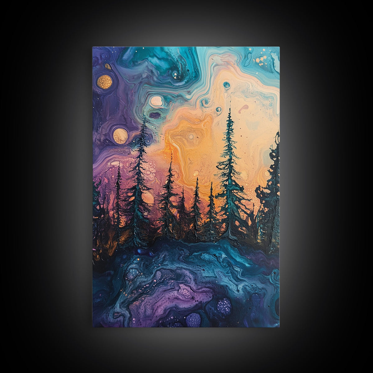 Cosmic Trees, forest at dusk painting, pine tree art, fantasy landscape, moody art, celestial wall art, mystical art, canvas print | | Wiccan Center