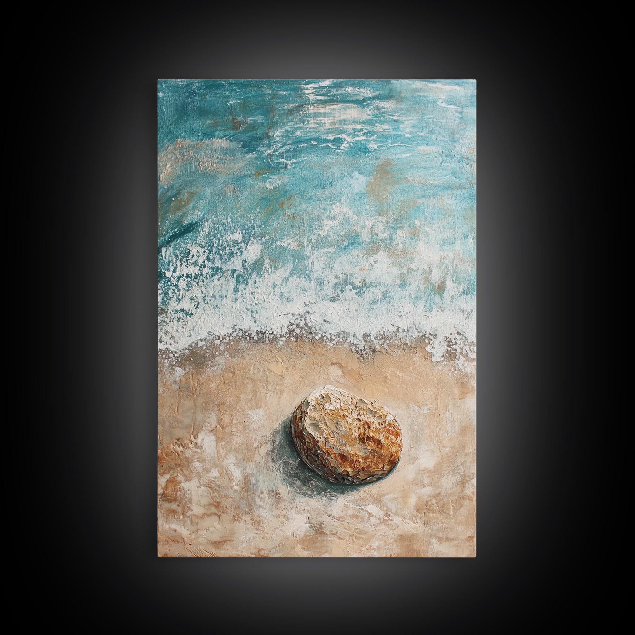 Serene Beach Stone Canvas Print Tranquil Ocean Art, Coastal Zen Wall Decor, Relaxing Beach House Style, Minimalist Seascape Painting | | Wiccan Center