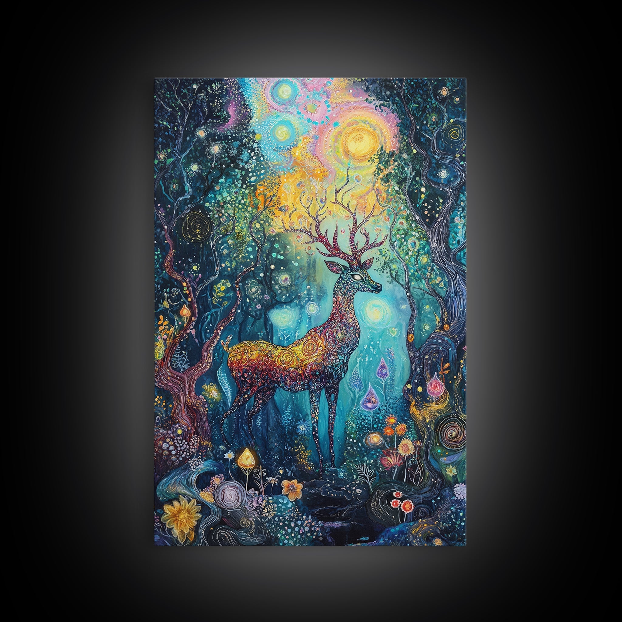 Celestial Deer, Magical Forest, Fantasy Animal Art, Enchanted Wall Art, Cottagecore Wall Art, Above Couch Art, Framed Canvas Print