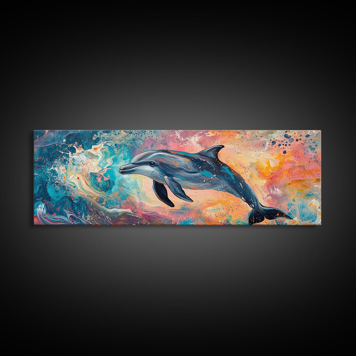 Playful Dolphin in Ocean Waves, Colorful Abstract Sea Life Art, Vibrant Marine Animal Painting, Coastal Home Decor