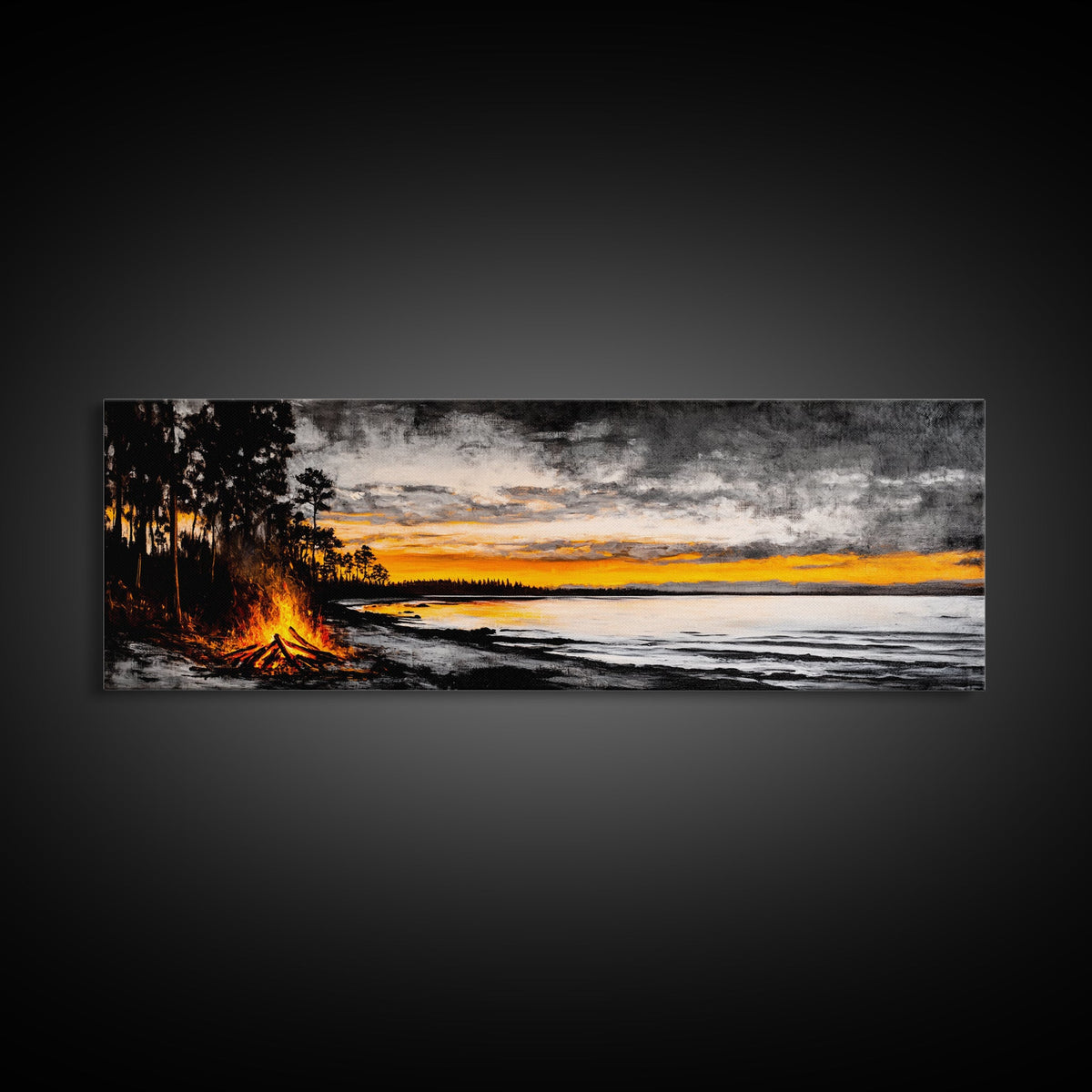 Campfire by Lake, Sunset Landscape Art, Cozy Rustic Print, Fall Wall Decor, Outdoor Adventure Canvas Print, Framed Canvas Print | | Wiccan Center