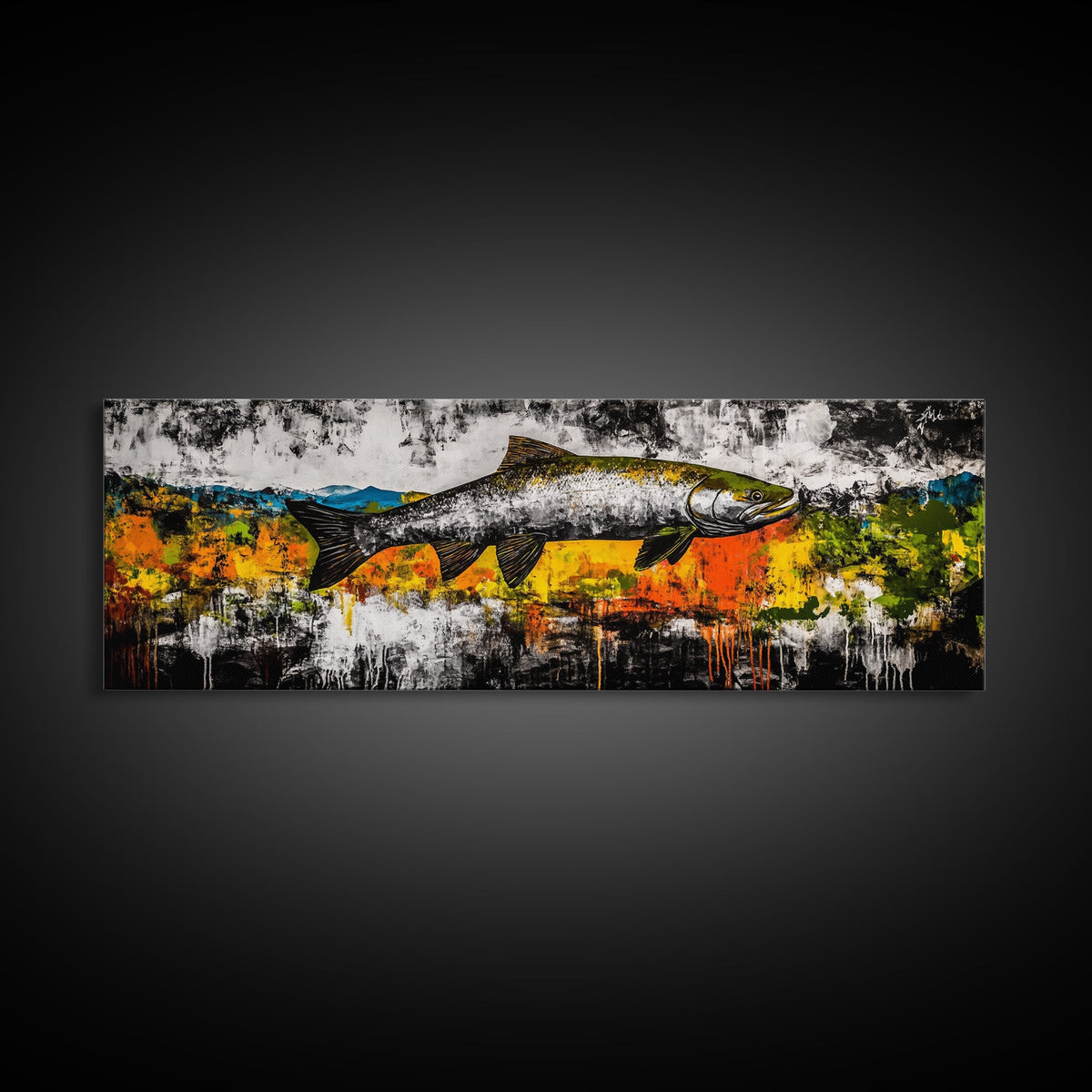 Salmon Wall Art, Rustic Fish Painting, Fishing Cabin Decor, Nature Wildlife Print, Lakehouse Art, Fall Colors, Framed Canvas Print