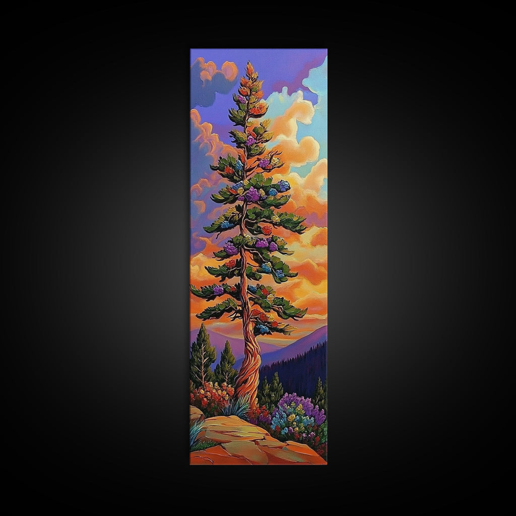 Tree, Mountain, Sunset, Forest, Canvas Print, magical forest tree painting, vibrant mountain sunset wall art, whimsical boho nature decor