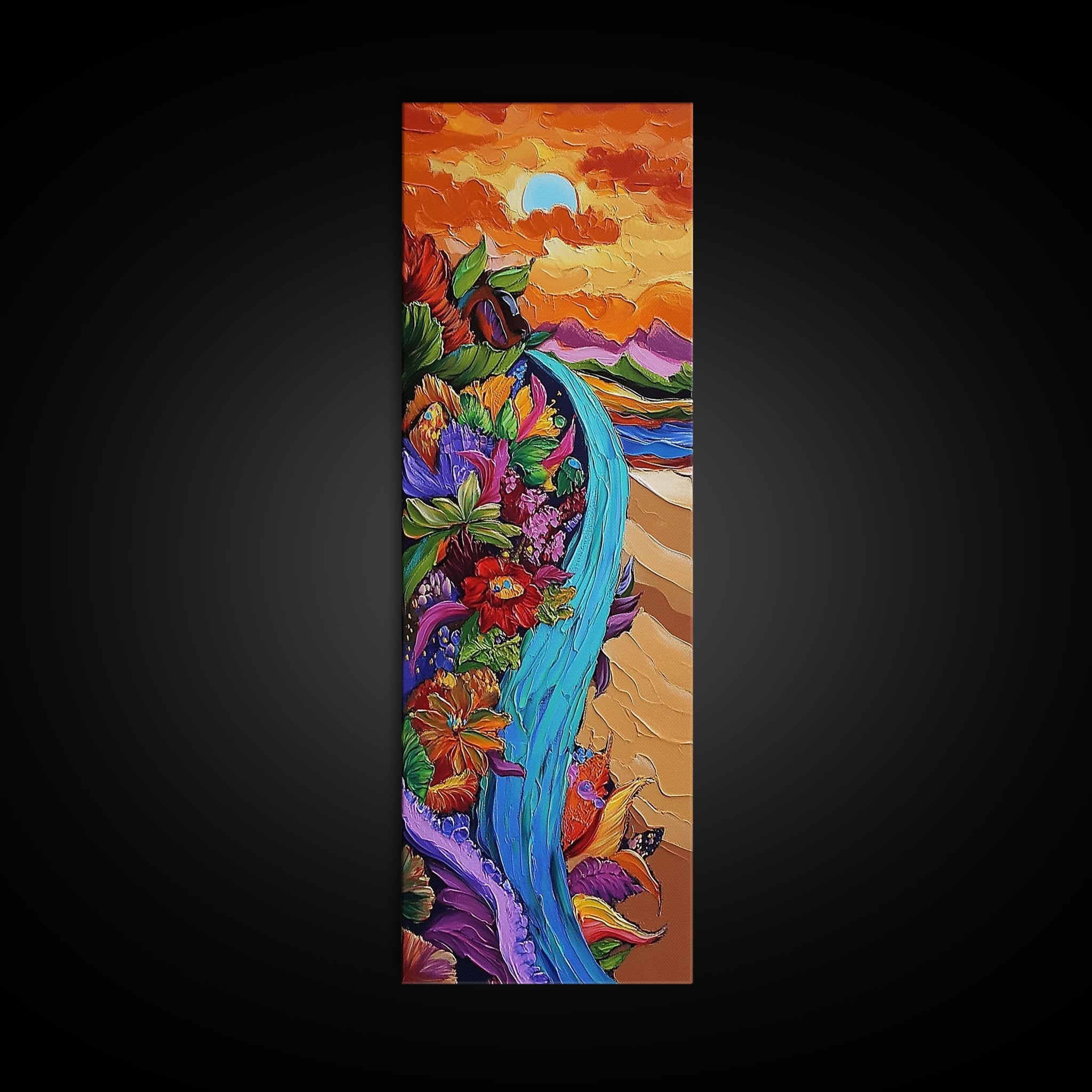 Sunset Waterfall, Floral Cliff, Magical River, Dreamy Boho Wall Art, Framed Canvas Print, Colorful Fall Living Room Decor