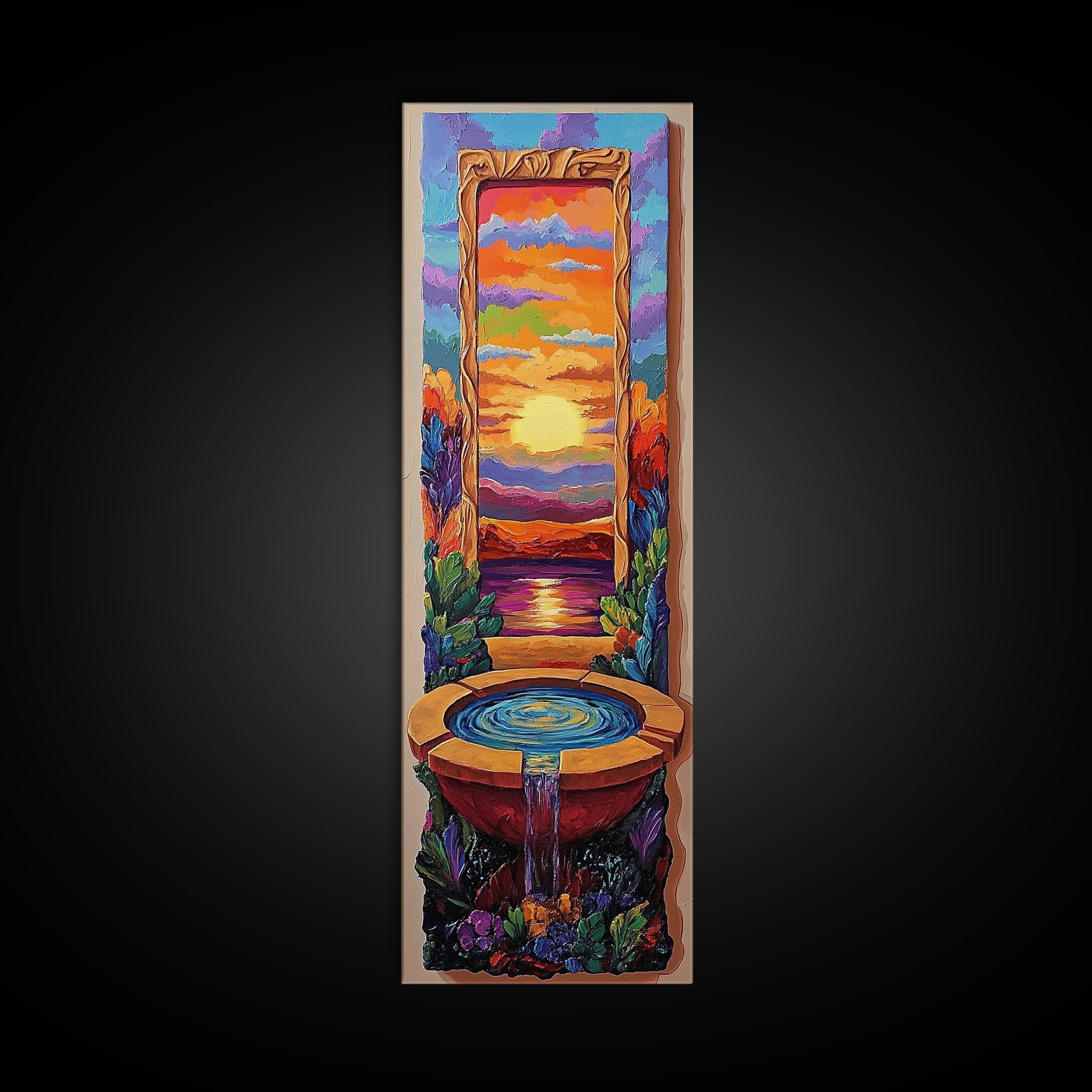 Sunset Portal, Water Fountain, Mystical Dreamscape, Framed Canvas Print, Fantasy Wall Decor, Spiritual Living Room Art, Surreal Vibe