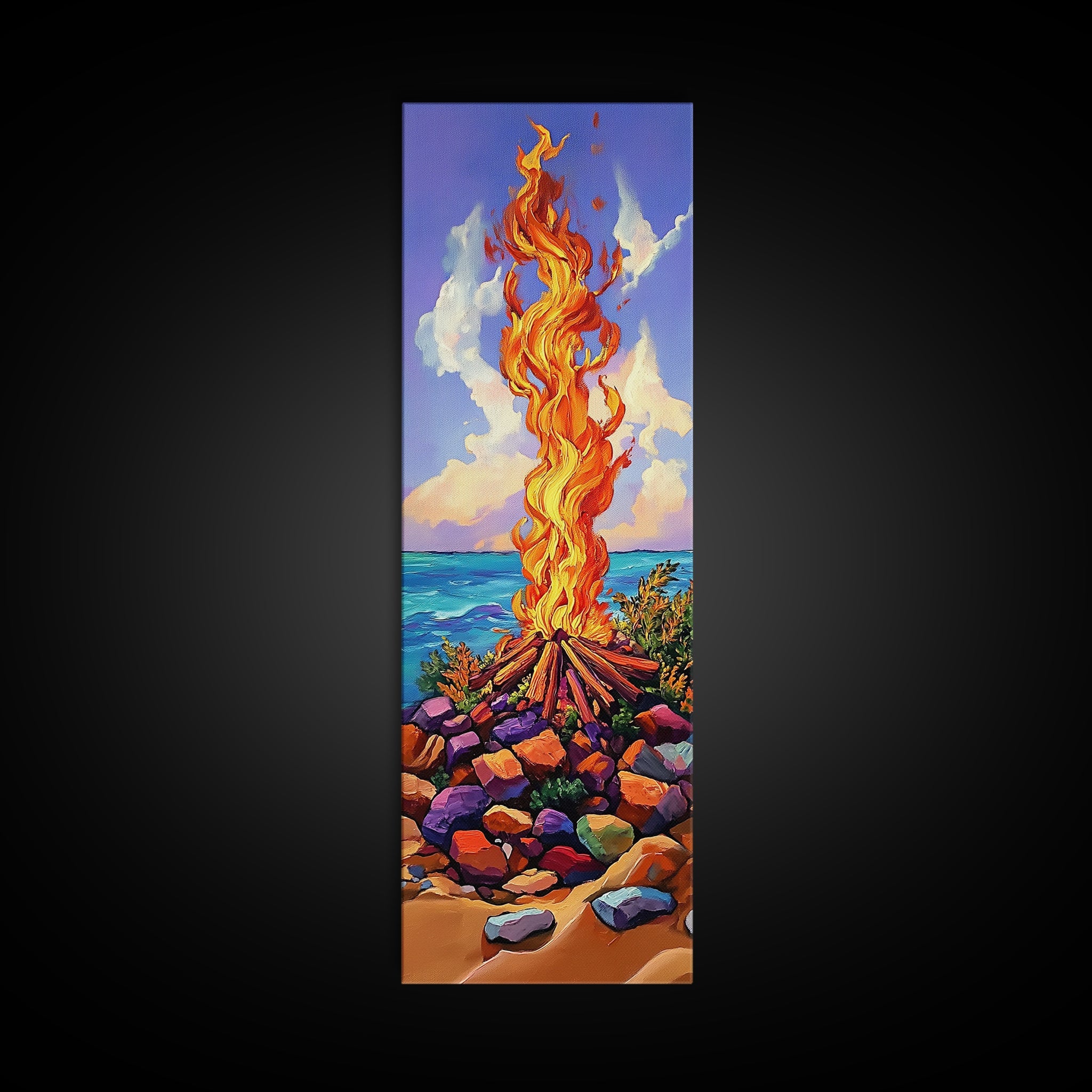Campfire Ocean, Stones Sky – Coastal Bonfire Landscape, Colorful Nature Wall Art, Framed Canvas Print, Beach House or Cabin Decor | | Wiccan Center