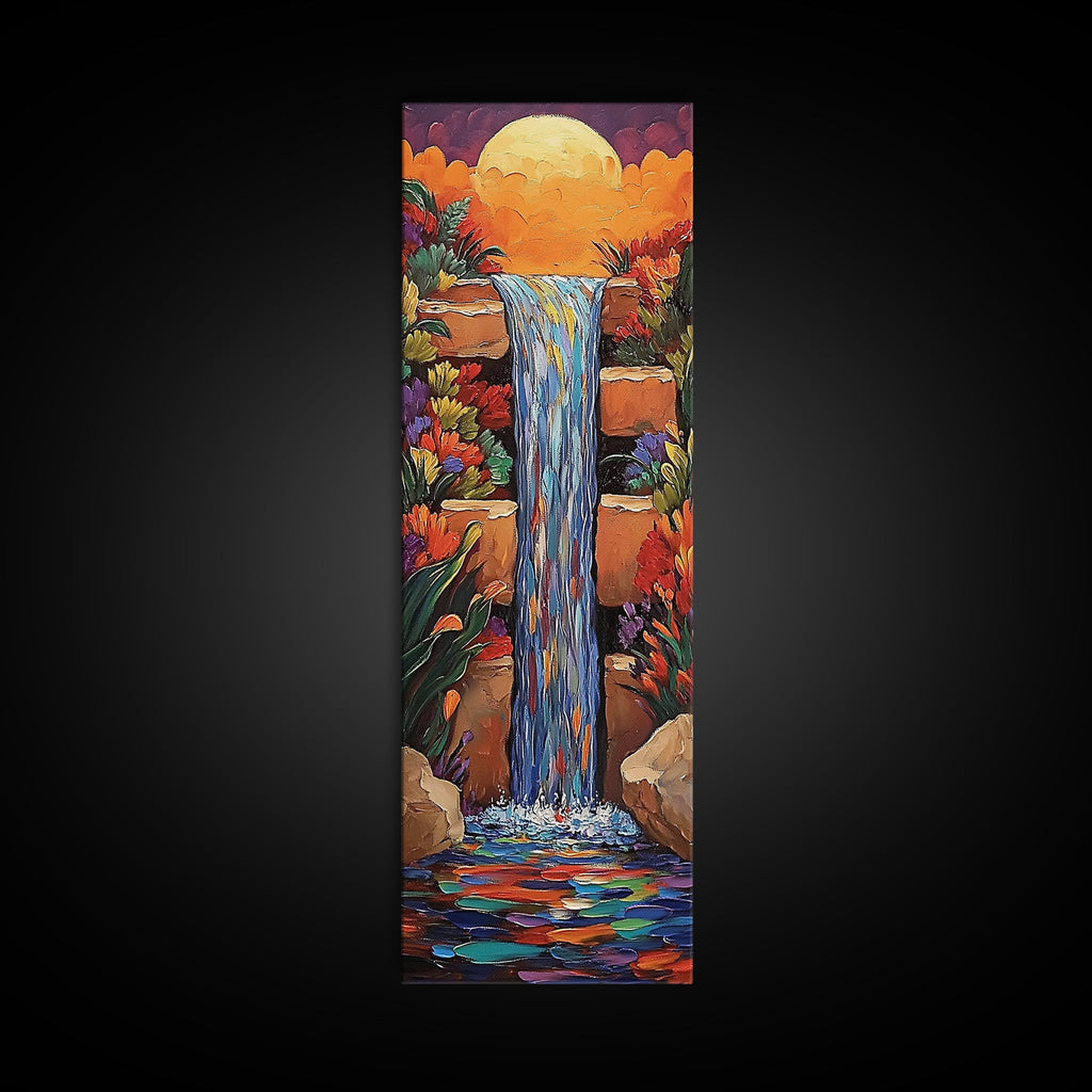 Sunset Waterfall, Flowers Fantasy, Framed Canvas Print, Vibrant landscape art, living room boho decor, magical nature scene | | Wiccan Center