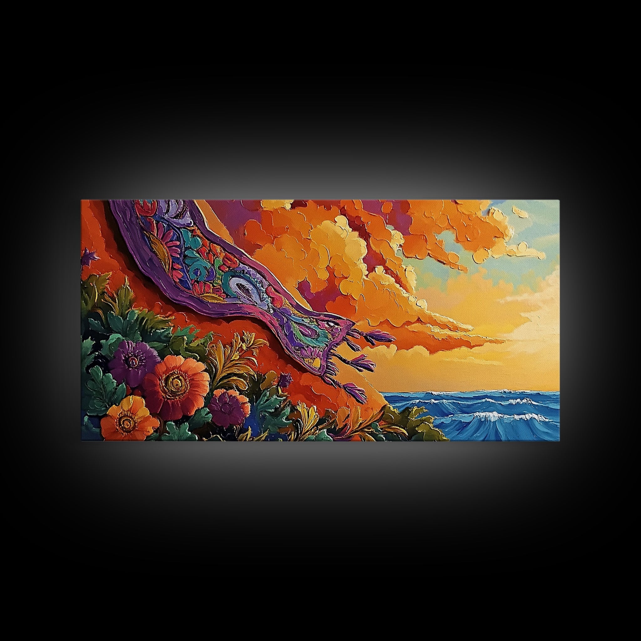 Sunset Coast, Rug, Framed Canvas Print, Sunset Beach Art, Magic Carpet Illustration, Vibrant Coastal Decor, Dreamy Bedroom Art